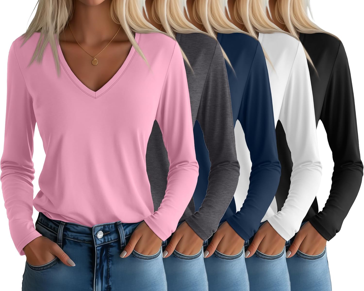 Huukeay 5 Pack Women's T-Shirts V Neck Long Sleeve Tops Casual Loose Fit Layering Shirts Flat Hem Basic Plain Work Tees