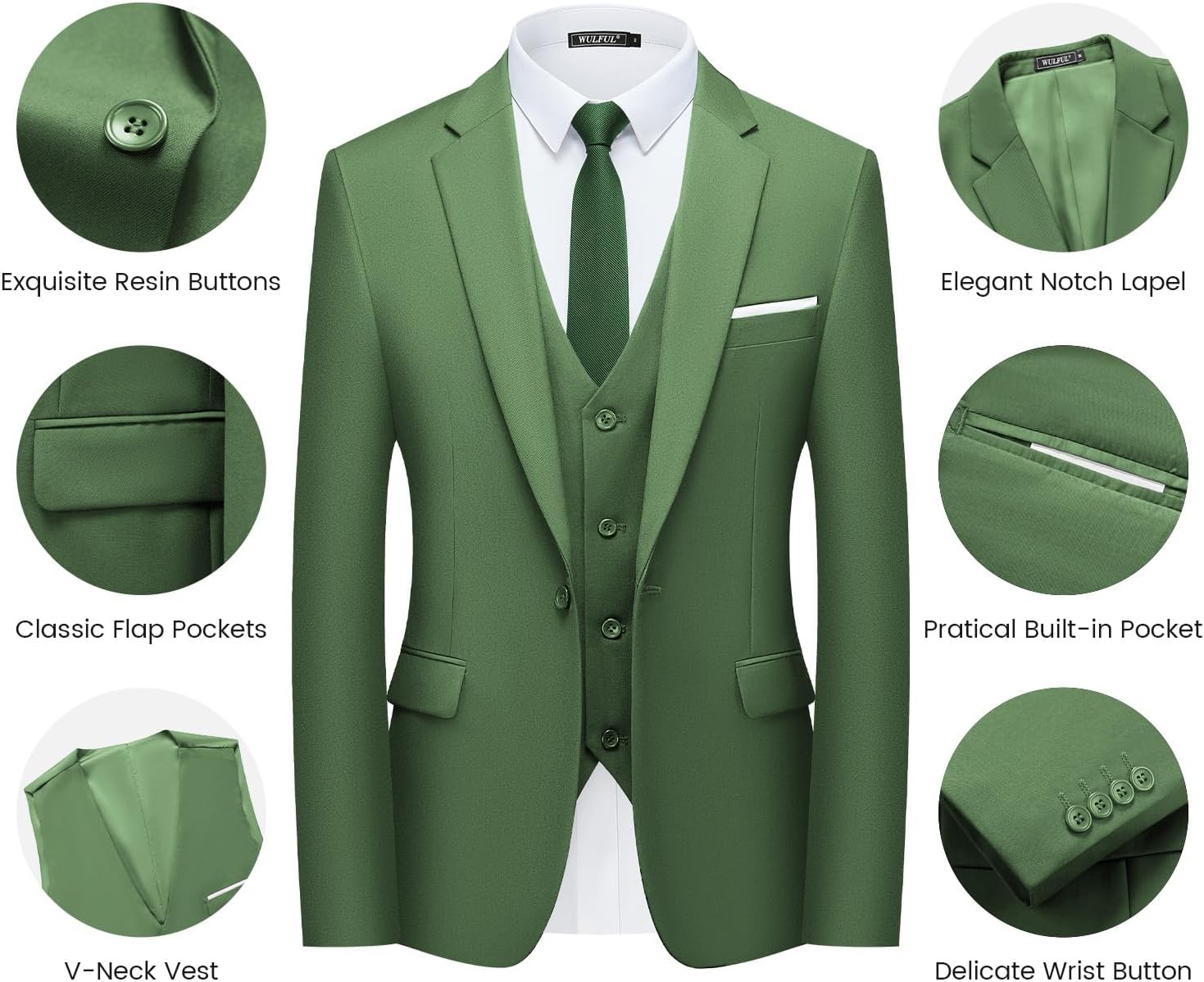 WULFUL Men’s Slim Fit Suit One Button 3-Piece Blazer Dress Business Wedding... - Picture 32 of 257