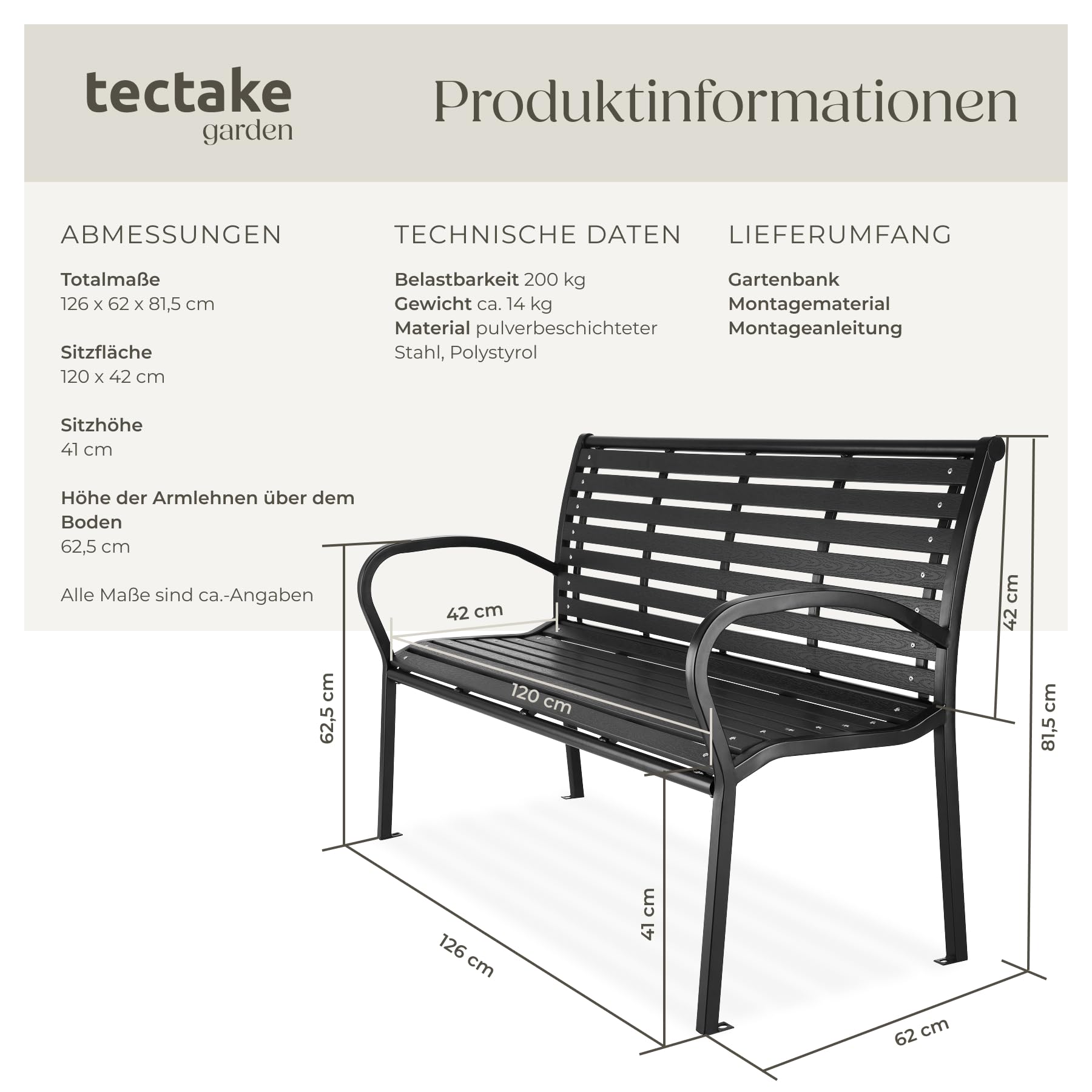 tectake® 3-Sitzer Gartenbank, Premium Garten Möbel Bank, Sitzbank wetterfest, bis 200 kg belastbar, 126 x 62 x 81,5 cm, Wintergarten Möbel, als Balkonbank, Holzbank Garten, Gartenmöbel Bänke