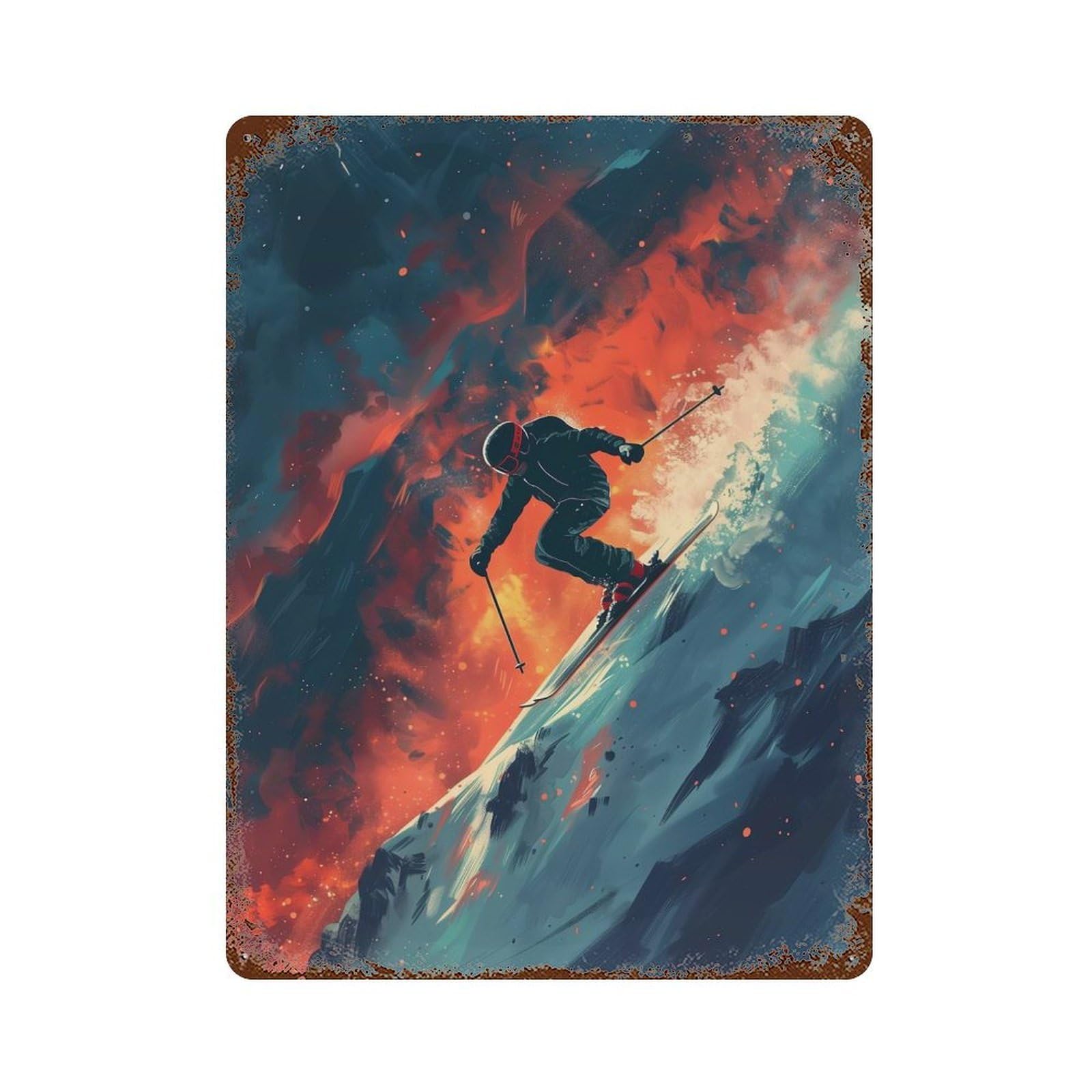 Skier Jumping In Mountain Aged Metal Wall Plaque 15.7"x11.8", Industrial Home Decor for Pub, Kitchen And Man Cave Decor