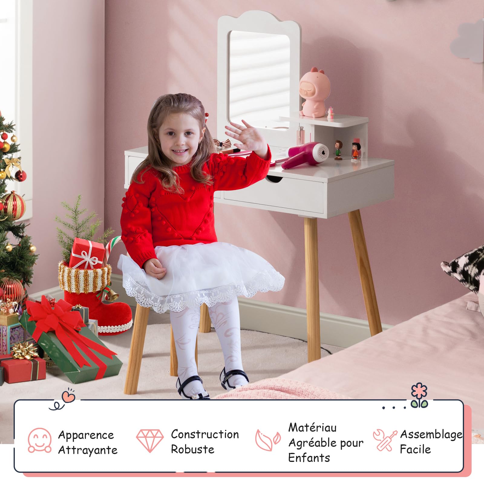 COSTWAY 2 en 1 Coiffeuse Enfant avec Miroir Rectangulaire Amovible & Tabouret Mignon, Table de Maquillage Princesse avec 2 Grands Tiroirs & Étagère, Charge 20/40kg pour Enfants de 3-7 Ans