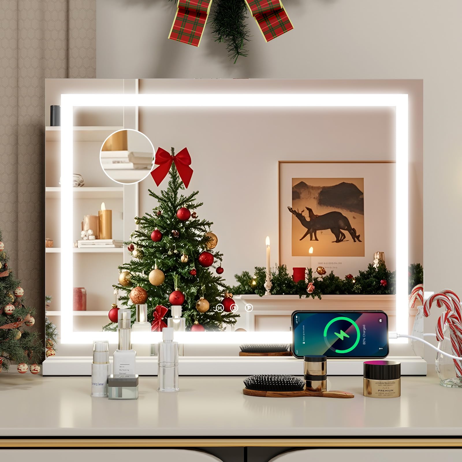 YOURLITE Miroir Maquillage Lumineux 58x45cm, Miroir LED Miroir Hollywood, 3 températures de Couleur, Touche Tactile, Port de Chargement USB, Loupe 10x, Installation Murale/sur Table pour Coiffeuse