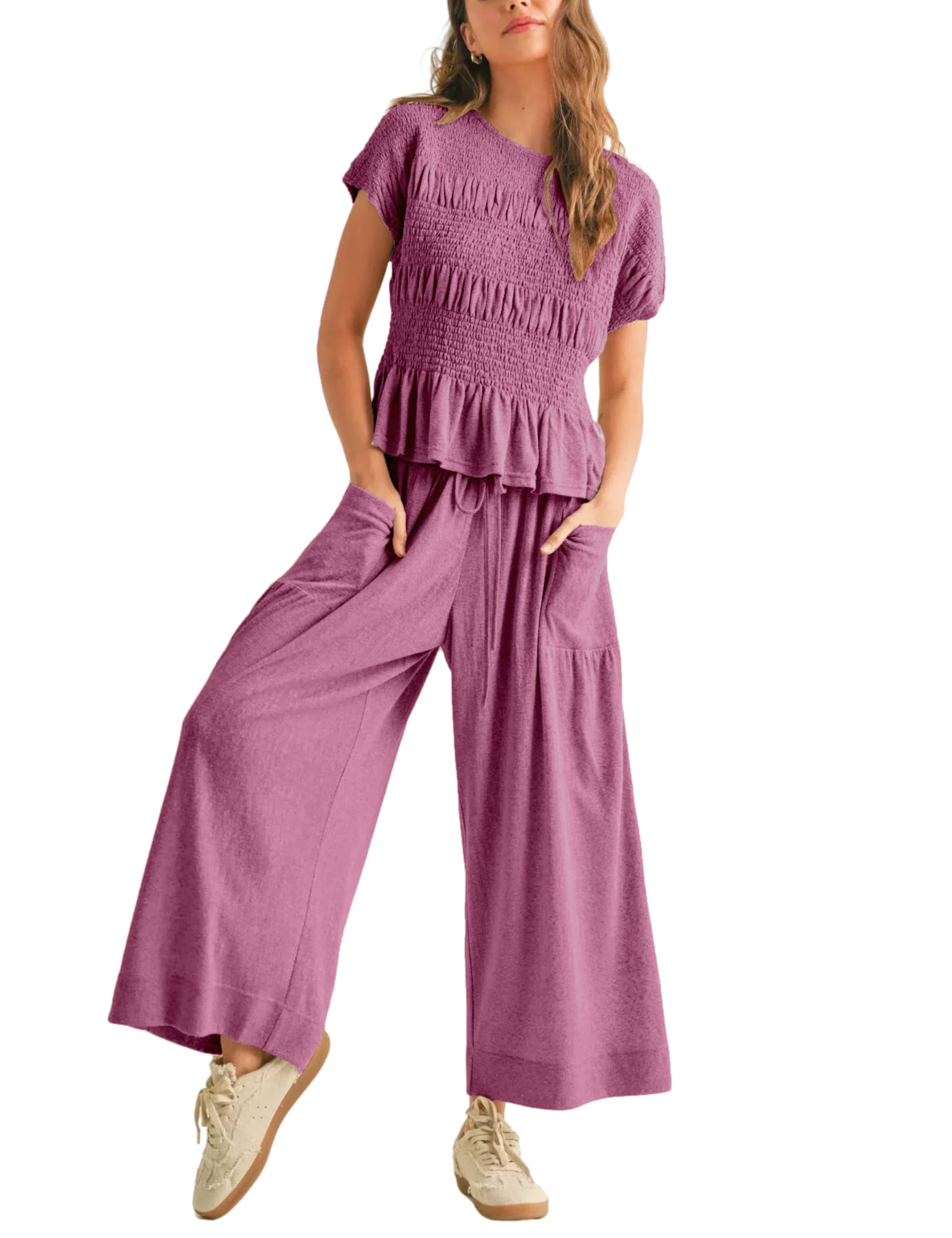 Antnation Womens 2 Piece Smocked Top Wide-Leg Pants Set High-Waisted Lounge Outfit with Pockets Casual Boho Matching Set(Purple-M)
