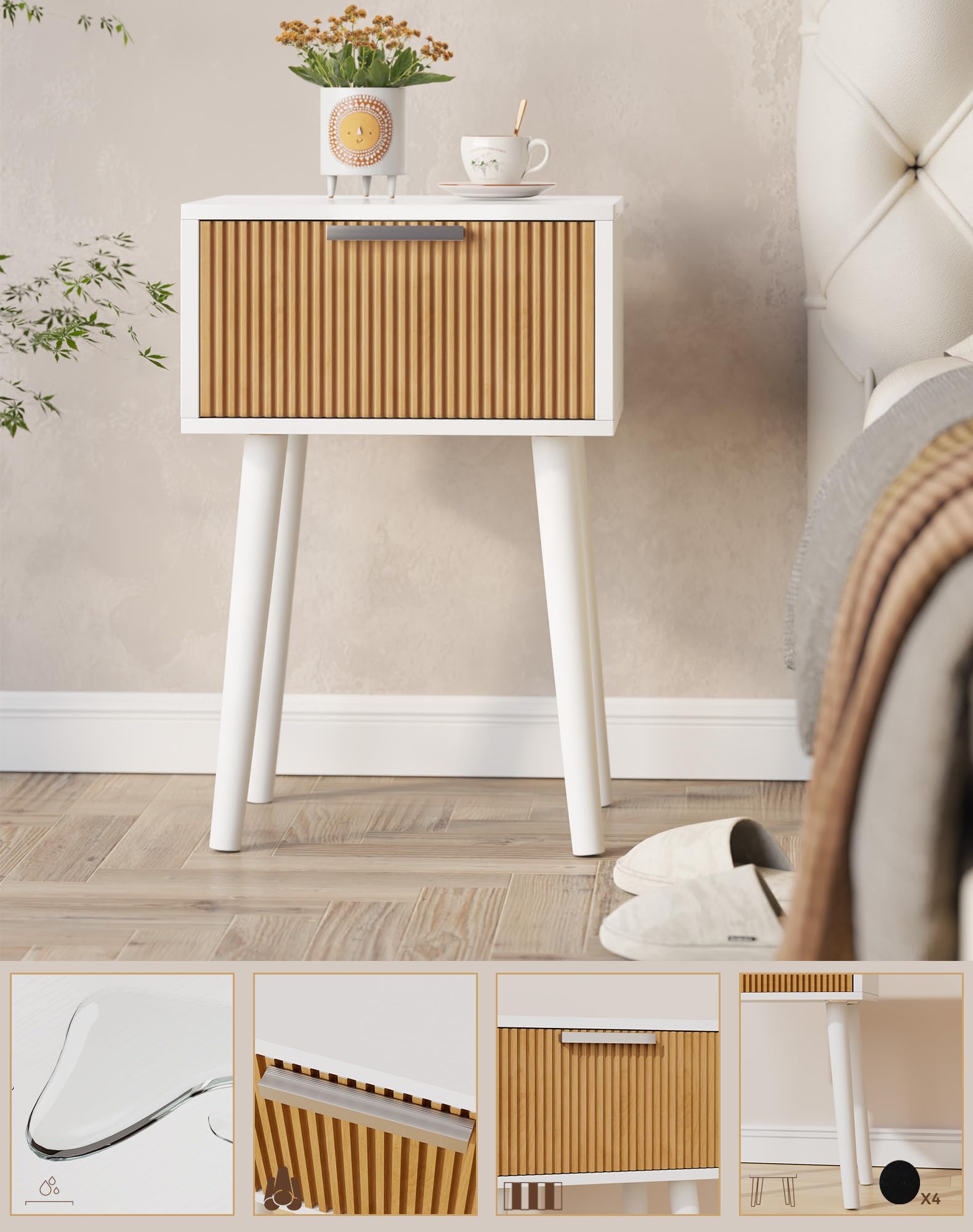 YMYNY Set di 2 Comodini, Tavolino in Legno, Cassetti decorati in ondulata, Maniglia magnetica, Gambe di legno massiccio, Catena di fissaggio, per Camera da Letto, Bianco e Naturel HST014WN-2