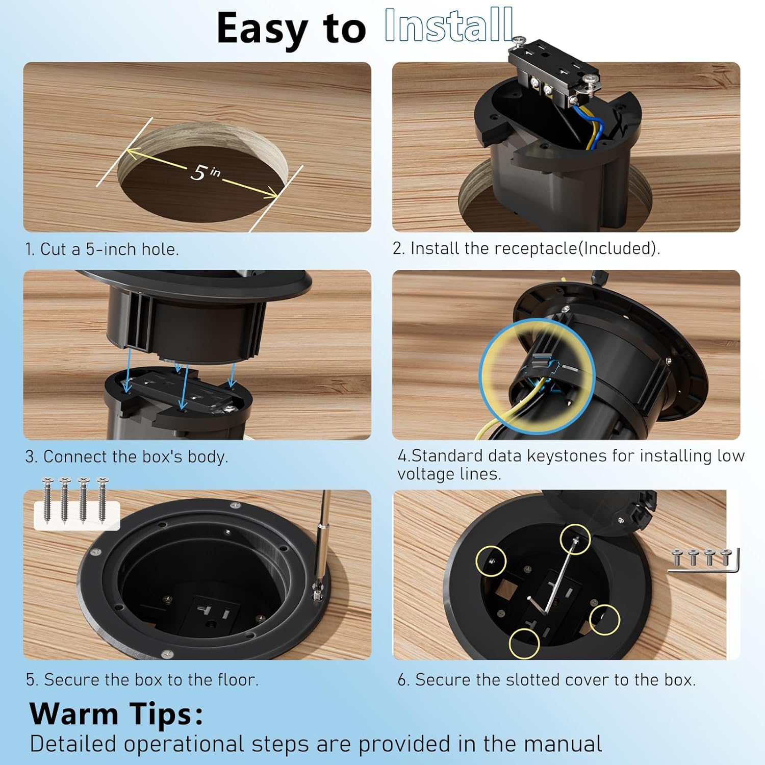 Recessed Power and Data Round Floor Box, Flush Mounted Electric Floor Box with Low-Voltage Keystone, Floor Cable Concealer w/20 Amp 125V Receptacle, Home Safety Upgrade, Easy to Use (1, Black)