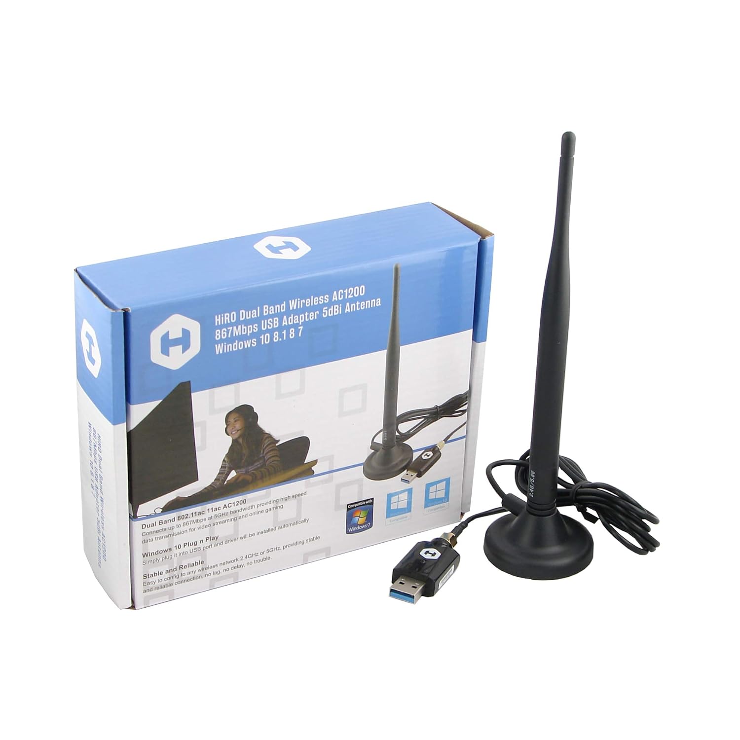 HiRO H50355 Dual Band 802.11ac 11ac AC1200 5G 5GHz 867Mbps Wireless WiFi WLAN USB Network Adapter 5dBi Omnidirectional Antenna 5ft Shielded RG-174 Cable RP-SMA Connector Windows 10 Windows 8.1 8 7