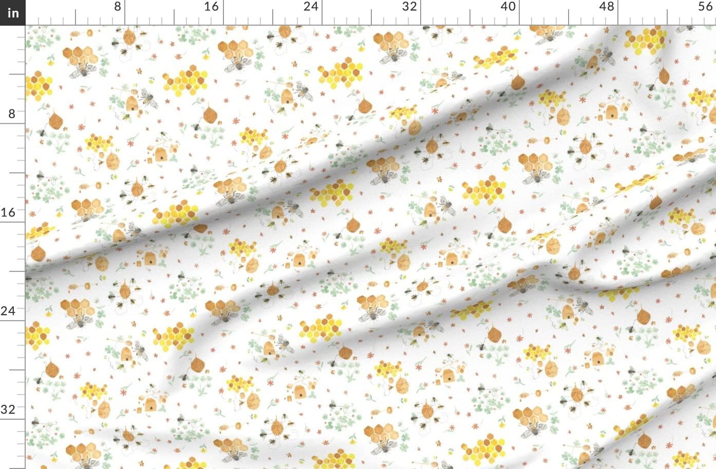 Spoonflower Fabric - Whimsical Honey Bees White Honeybee Honeycomb Watercolor Paint Printed on Organic Cotton Sateen Fabric by The Yard - Sewing Quilting Apparel Home Decor