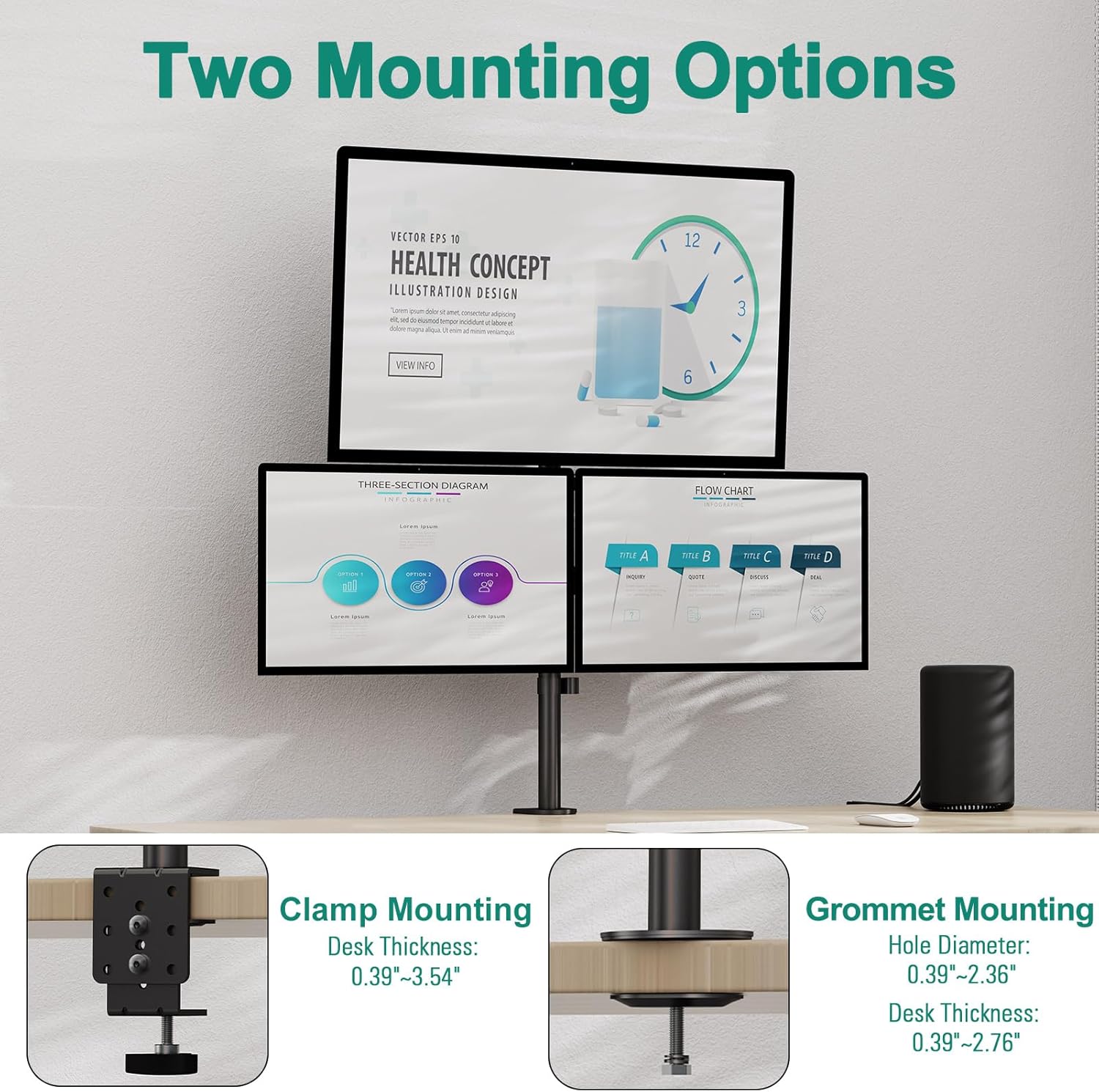 Diagram showing C-clamp and Grommet mounting options for the monitor stand.