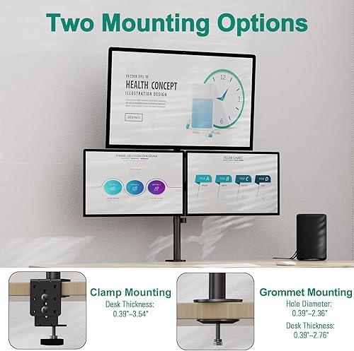 Miniatura 4 de Soporte triple para monitor, soporte de escritorio para tres pantallas de hasta 32 pulgadas, brazo de monitor apilado para 3 monitores máx. 17.6