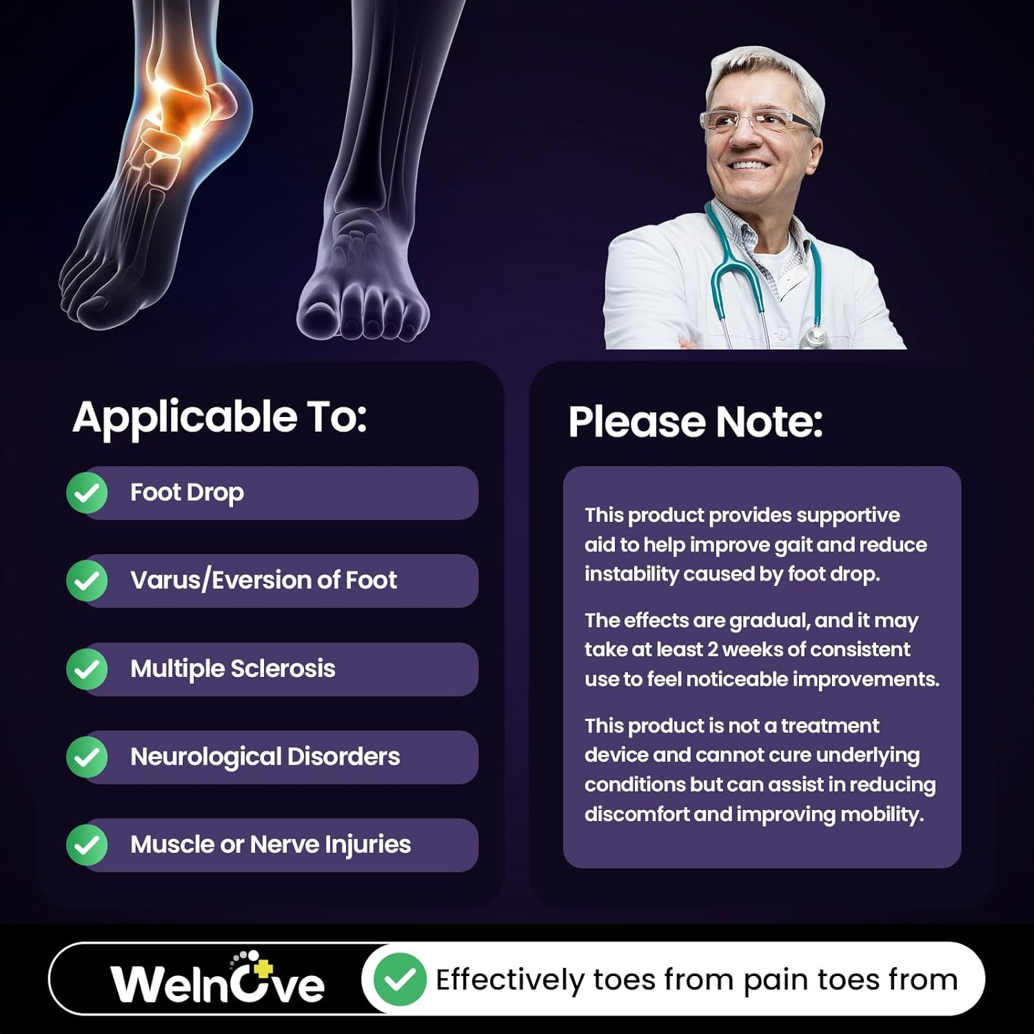 Welnove Drop Foot Brace with Arch Support, AFO Ankle Brace for Walking, Relieves Instability of Lower Limbs by Foot Drop, MS, TBI, Spinal Cord Injury, Cerebral Palsy (Purple, Rigid Support)