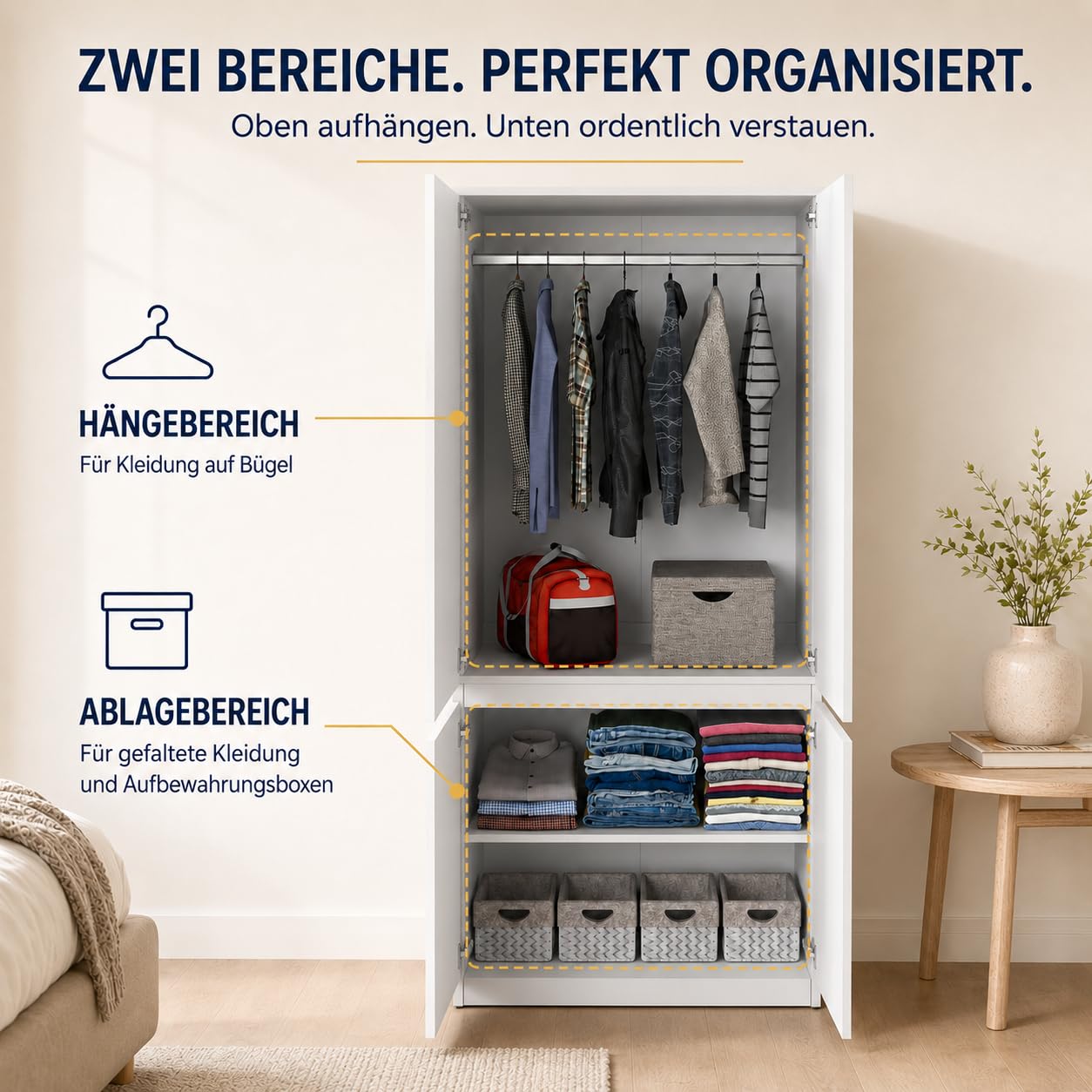 ELVA Kleiderschrank 80 cm – Grifflose Garderobe mit 4 Türen, Schrank für Schlafzimmer, Flur & Ankleidezimmer – 80x181,5x50 cm (Matt Weiß)