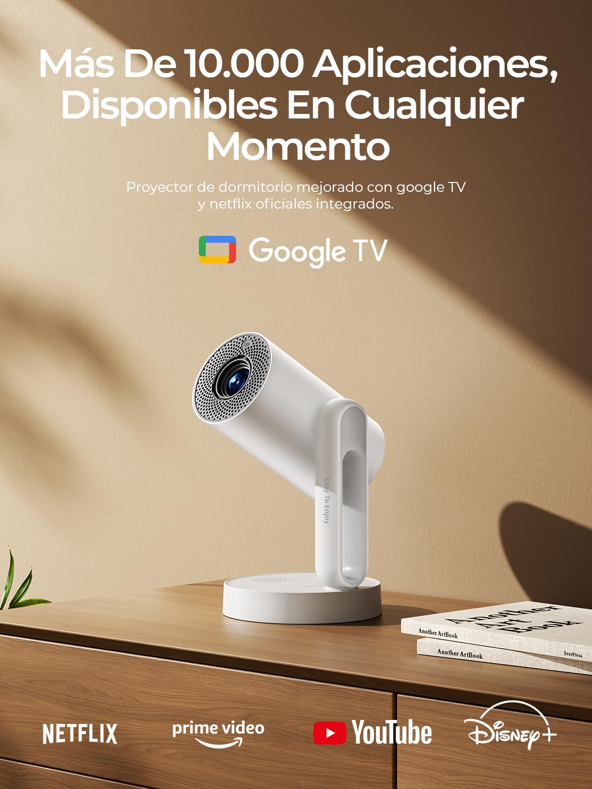 ETOE Mini Proyector con Google TV y Netflix Oficiales, Proyección Cielo Estrellado, Autofocus/Keystone, 1080P Nativo, Giratorio 140°, Control por Voz, Diseño Sellado, Proyector 4K para Dormitorio