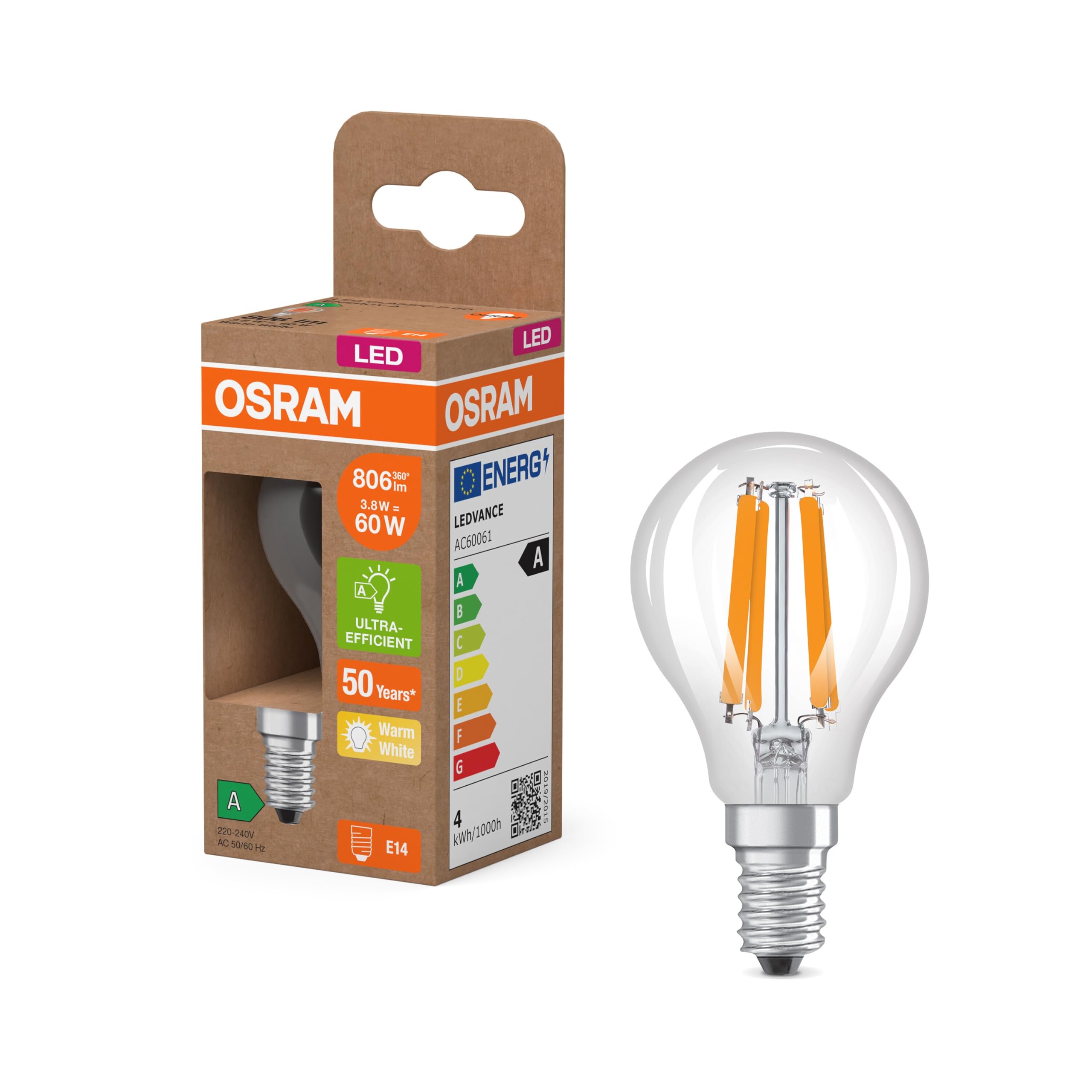 Osram Energy Class Mini Buclassic, 3.8 W/806 lm, EEK A, Warm White Light (2700 K), CRI 80, Clear Lead-Free Glass, E14 Base, IP20, Diameter 45 mm.