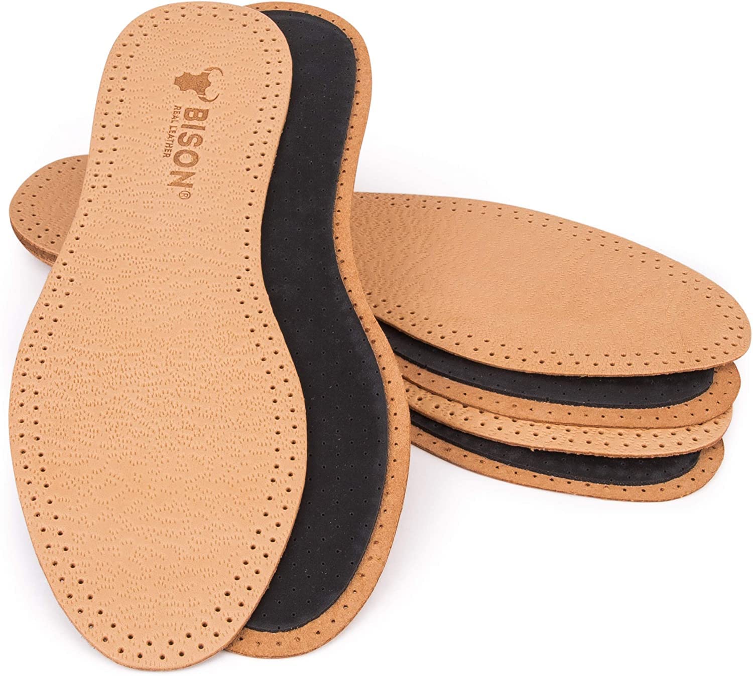 BISON Leder Schuheinlagen Schuhe 3 Paare - Einlegesohlen fur Schweißfüße und Fußschmerzen - Leather Shoe Insoles - Echtleder Einlegesohle für Damen und Herren