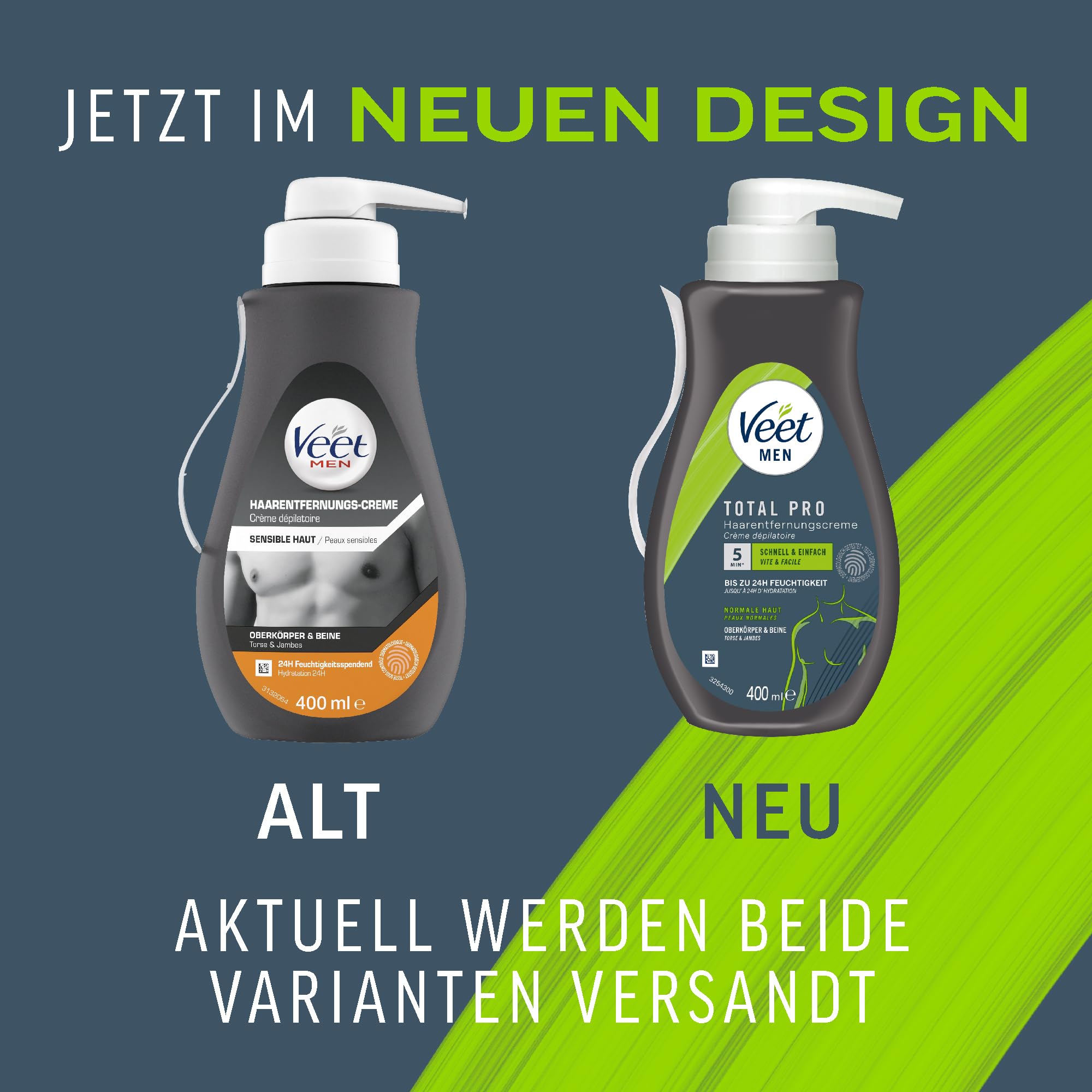 Veet Men Haarentfernungscreme für Oberkörper & Beine - Enthaarungscreme für Männer, Haarentfernung in 5-10 Minuten - 3x400 ml Spender inkl. Spatel