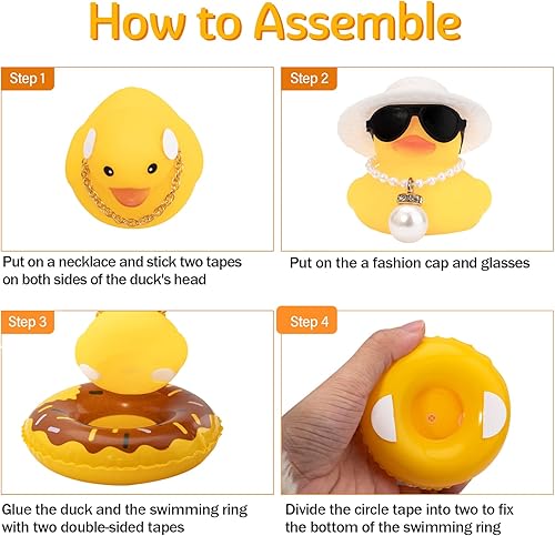 Miniatura 10 de Wonuu Decoración de pato para automóvil, adorno de tablero con mini sombrero, anillo de natación, collar y lentes de sol, negro-transparente