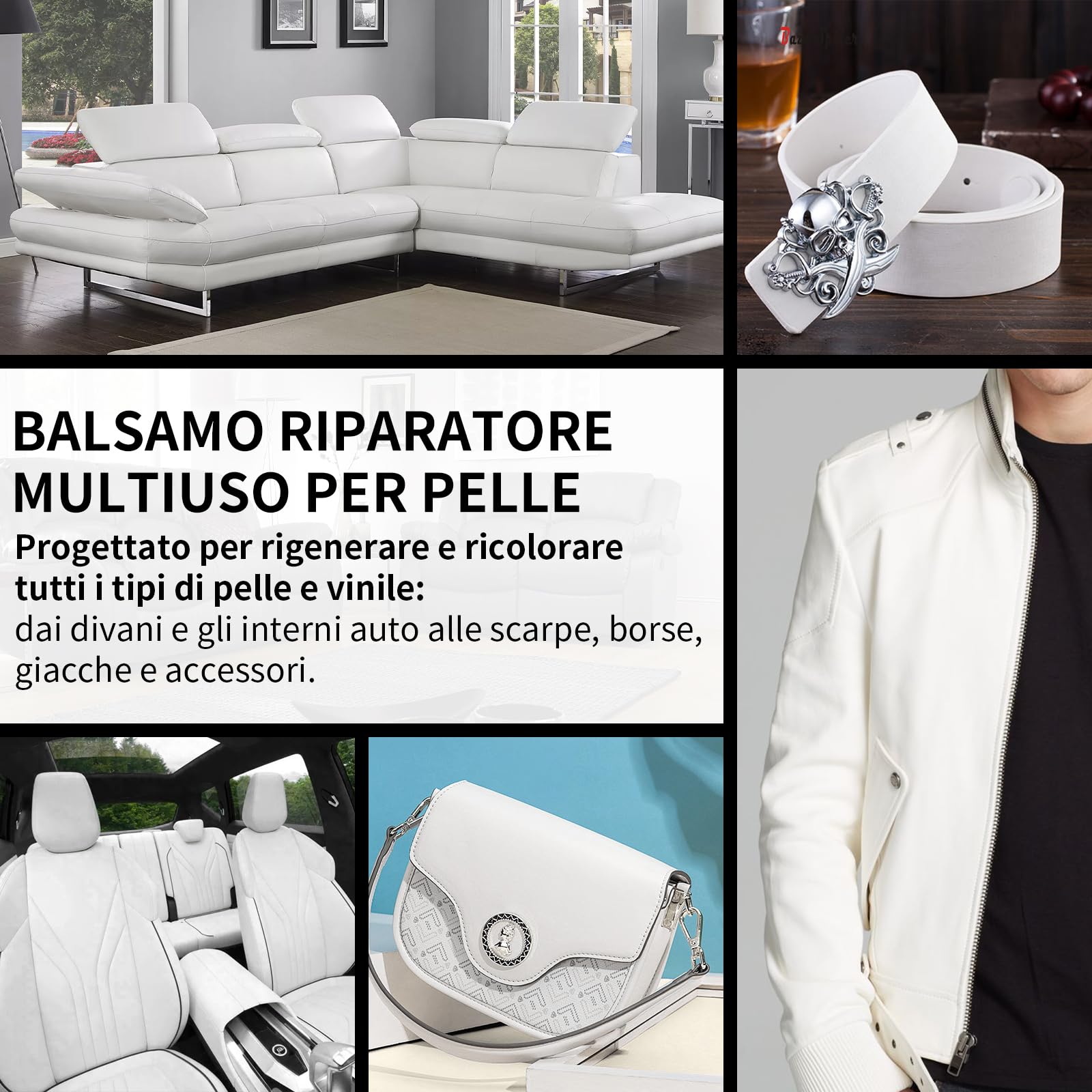Set Riparazione Pelle Bianca con 200ml di Tinta per Pelle & 100ml di Olio Nutriente – Cuir Liquido, Grasso per Pelle & Rimuovi Graffi – Riparazione per Pelle e Vinile su Divani, Mobili, Sedili Auto