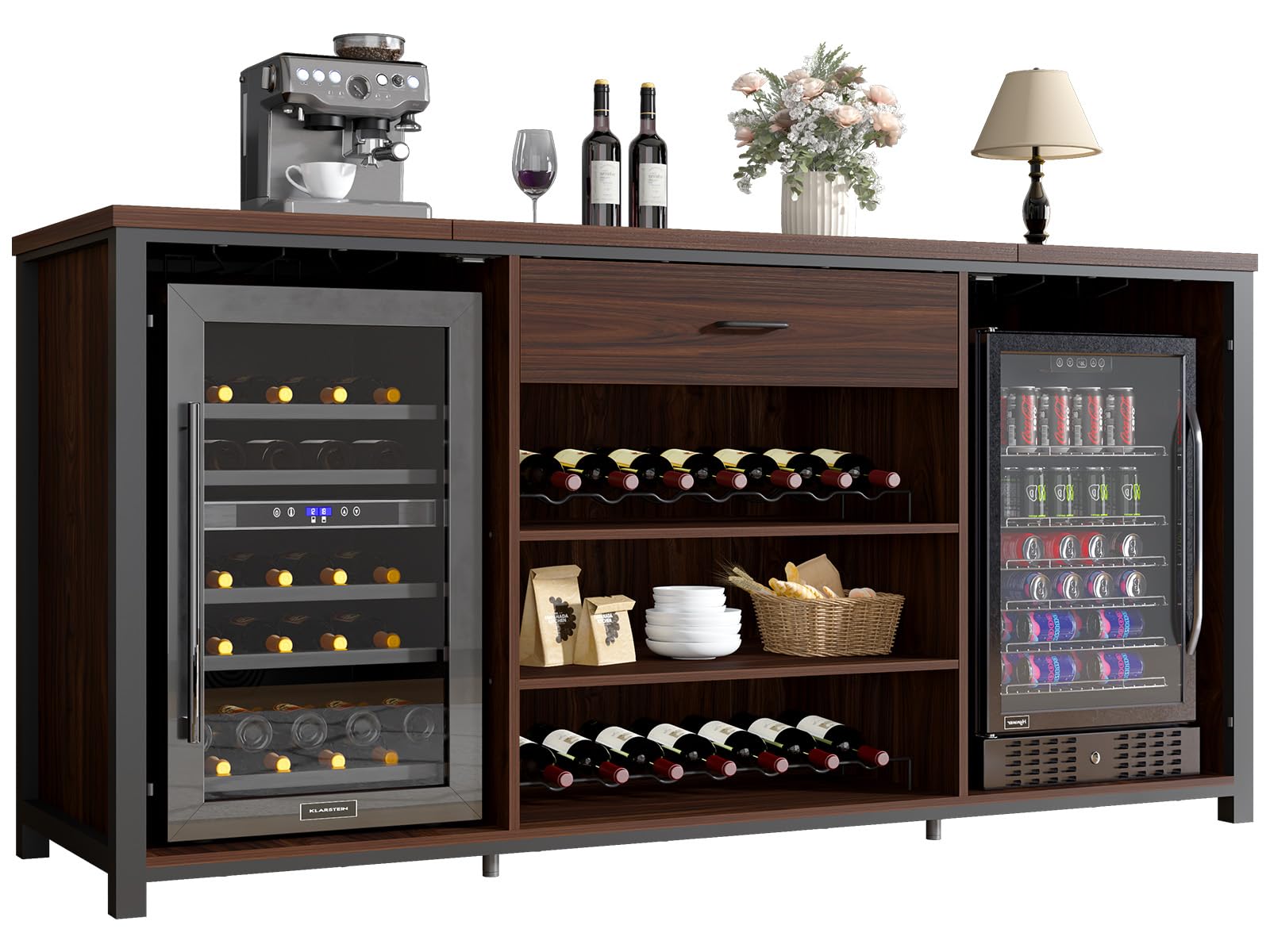 LVB Bar Cabinet with Fridge Space, Wood Long Liquor Cabinet with Drawer Storage, Vintage Wooden Metal Big Wine Cabinet with Cooler, Industrial Sideboard Buffet for Kitchen Dining Room, Walnut, 70 Inch