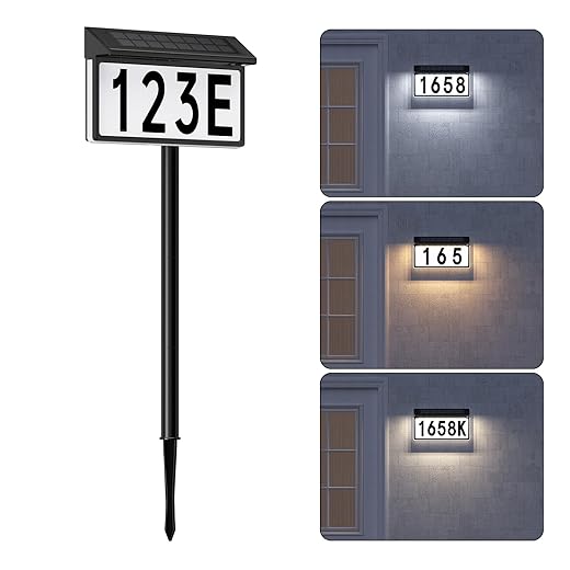 Solar Address Sign, Solar Lighted House Numbers for Outside, 3 Colors Waterproof Illuminated House Number Plaque With Stake, Wall Mounted or In Ground Solar Address Numbers for Yard Garden Street Home (Black, 1 Pack)
