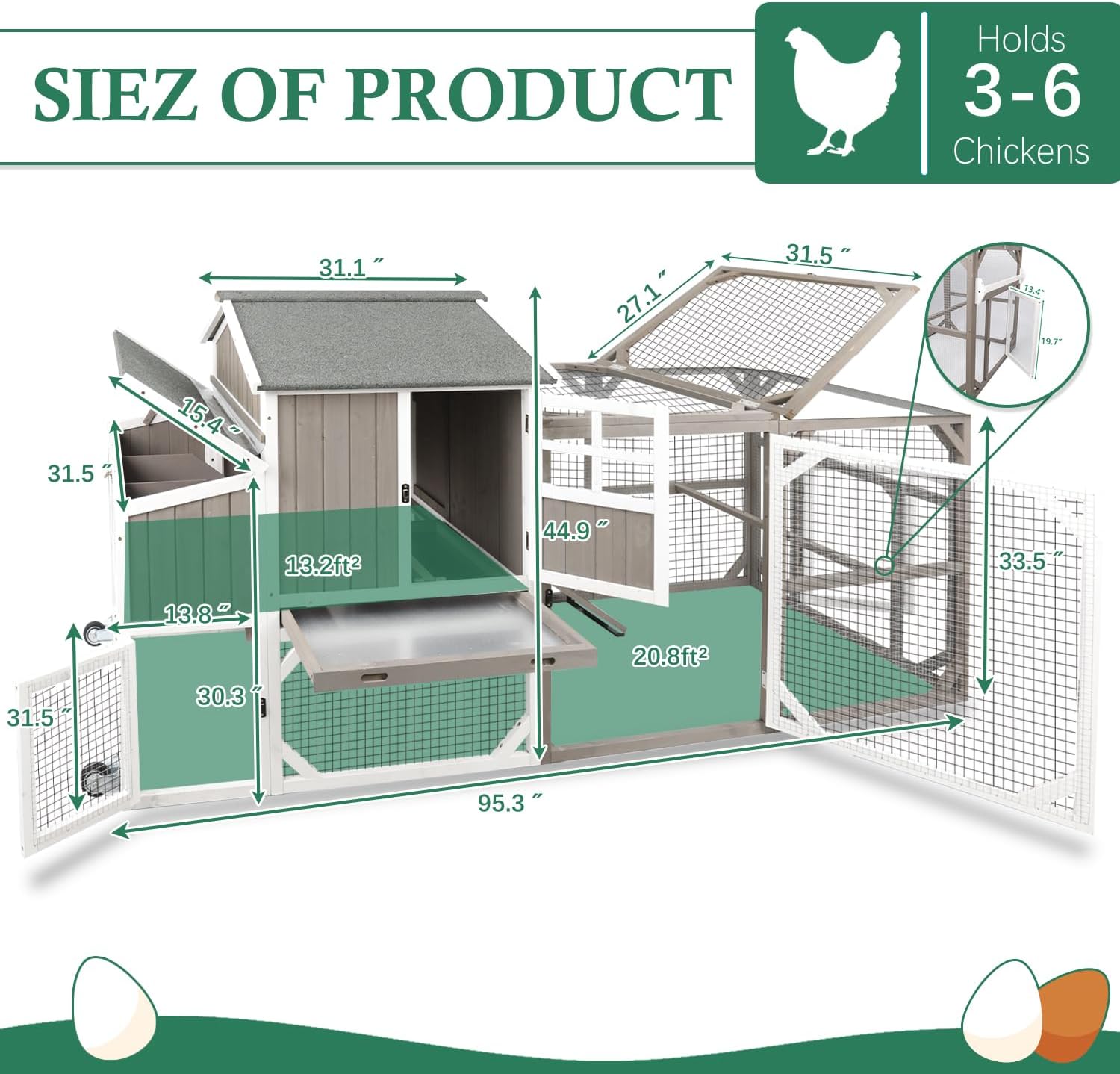 95.3" L Large Chicken Coop with Run, Chicken Tractor Hen House with 3 Nesting Boxes, Wheels, Portable Outdoor Quail Hutch Poultry Cage for 2-4 Chickens with 6 Access, Removable Tray, Ramp