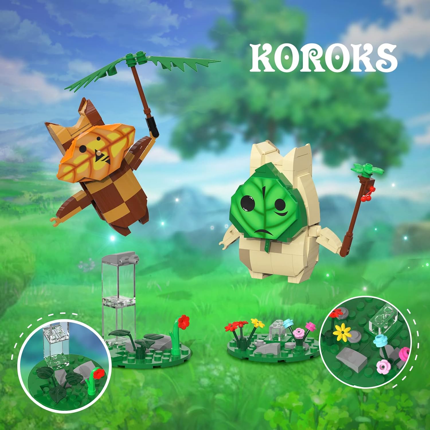 Two assembled Korok figures, one with a star-shaped mask and one with a leaf mask, each on a decorated pedestal.