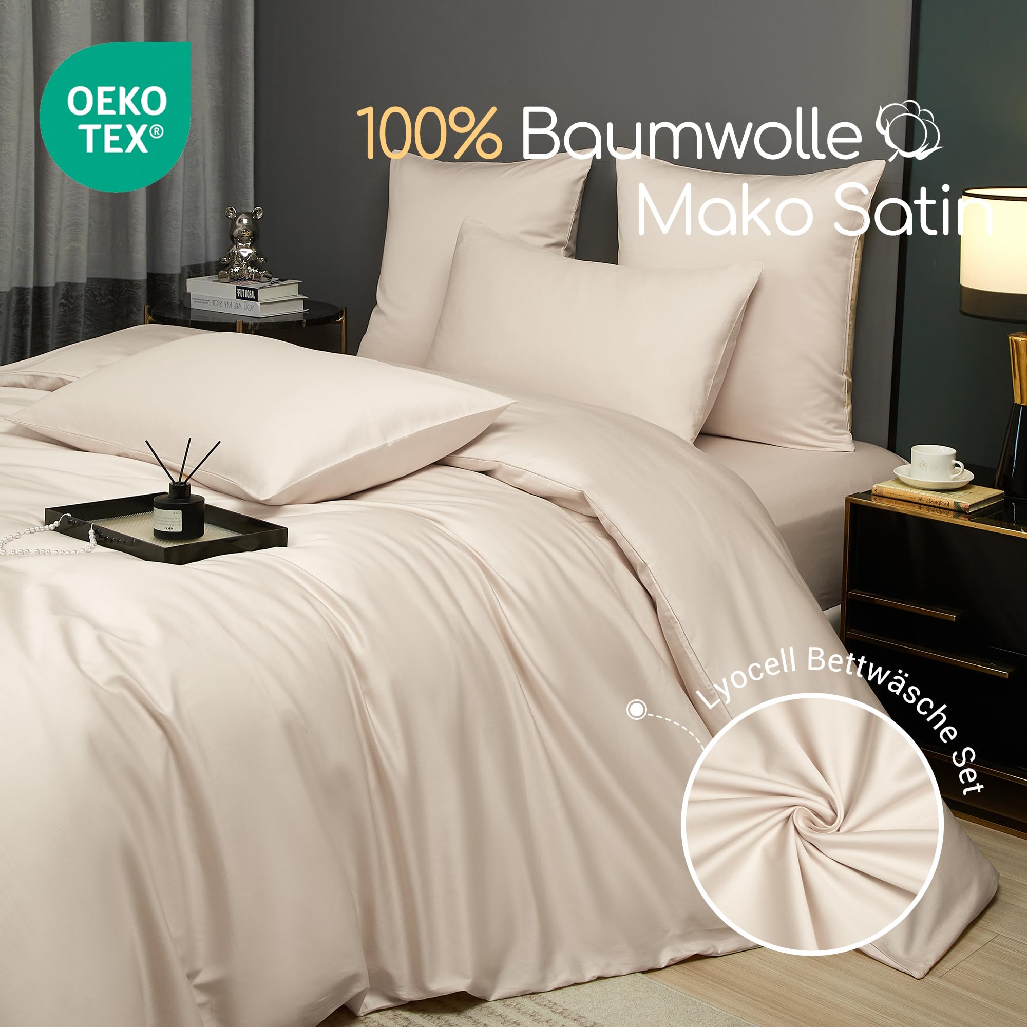 Pościel 155 x 220 cm, z makosatyny, uniwersalna, bawełna, lyocell, jedwab, brązowy, khaki, taupe 300TC 300TC 100, 3-częściowy komplet pościeli na łóżko pojedyncze z zamkiem błyskawicznym i 2