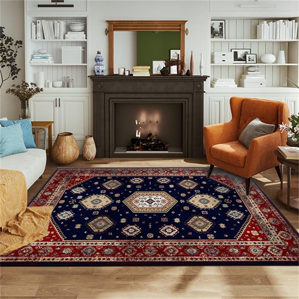 Tapis long couloir 80x150cm bleu foncé rétro et rouge pour entrée intérieure et chambre enfant