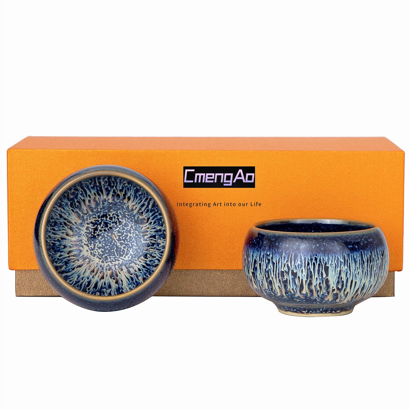 CmengAo Tenmokus Tea Cups, Jianzhan Ceramic Teacup, Traditional Chinese Tea Cups Set of 2, Starry Sky Glaze Porcelain Tea Bowls for Tea and Coffee (4.4 OZ)