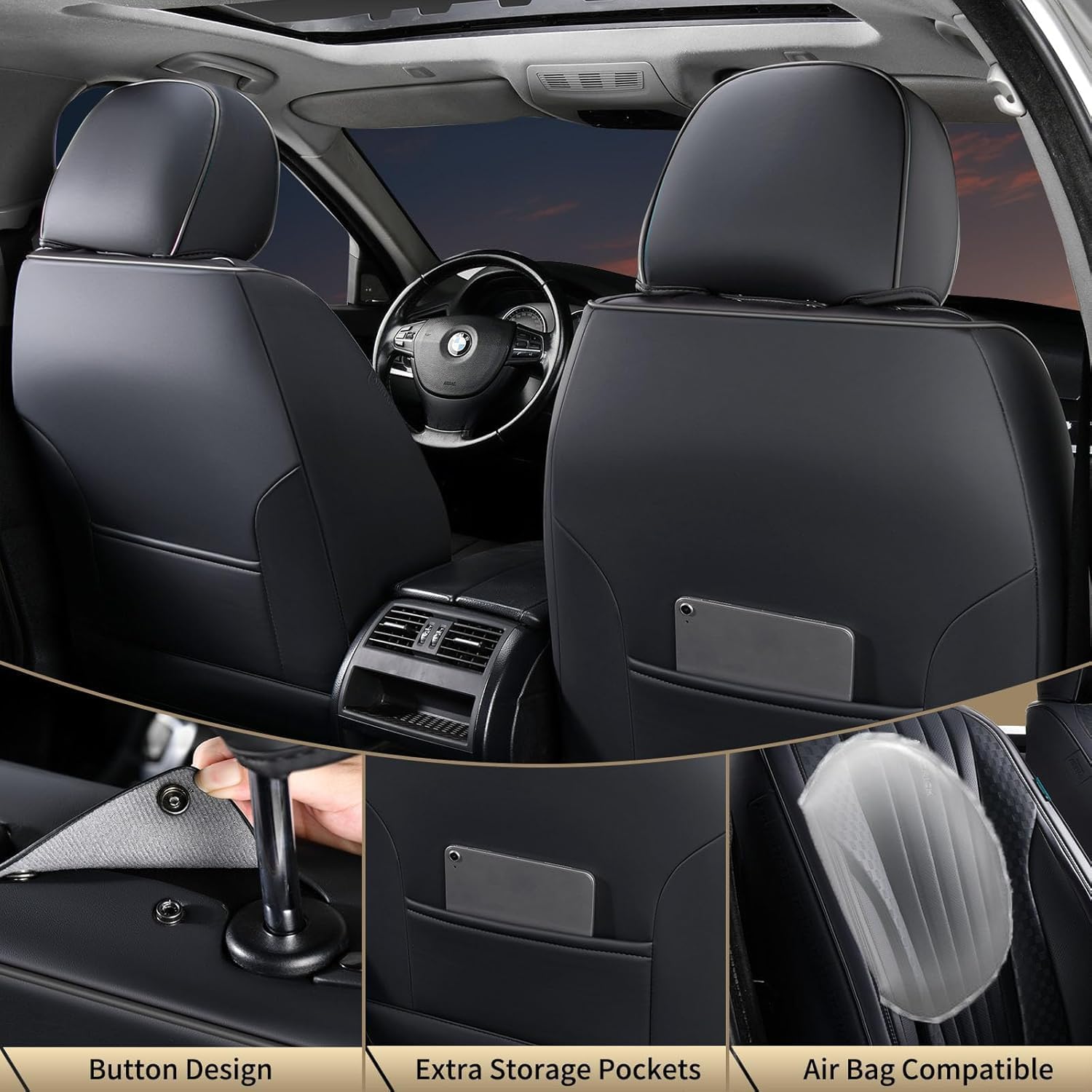 FLORICH Car Seat Covers, Premium Leatherette Car Seat Cushions Full Set, Black Seat Covers for Cars Front Seats and Back, Automotive Seat Protectors Universal Fit for Most Sedans Cars SUV Trucks