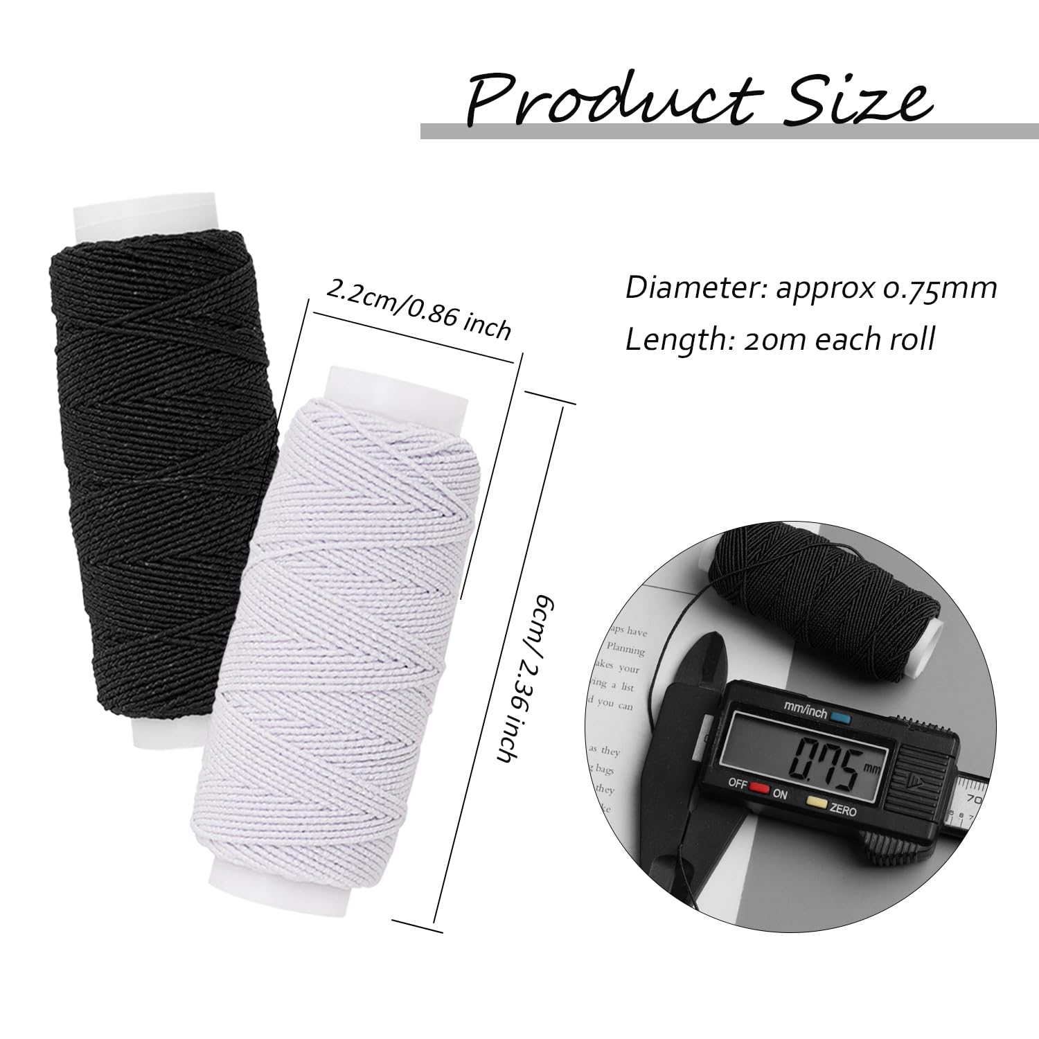 Cordón elástico para manualidades de 0,75 mm, 20 m cada carrete, hilo de coser elástico para máquina de coser, hilo elástico para costura, acolchado y manualidades, cuentas (6 negros + 6 blancos)