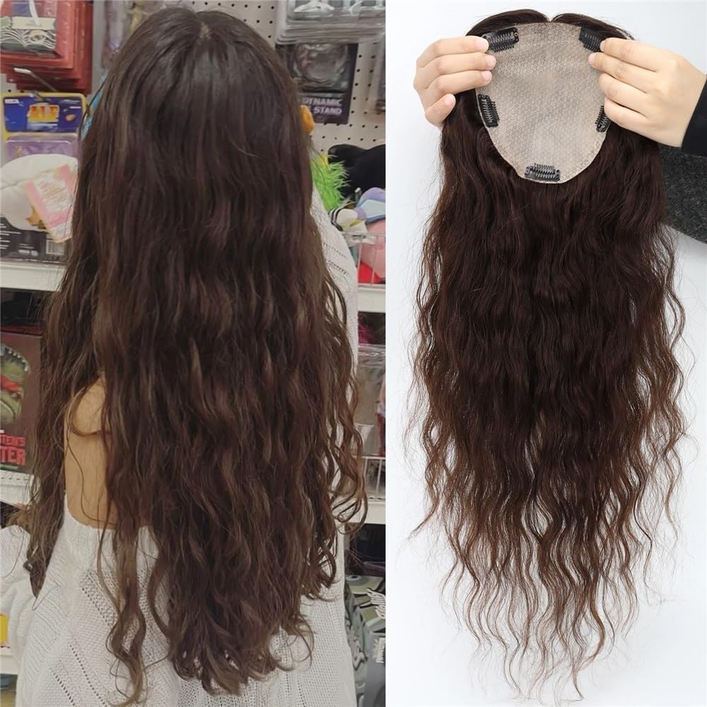 Topper z prawdziwych włosów Clip In z jedwabną podstawą dla kobiet, do zakrywania linii włosów w przypadku cienkich włosów, puszysty i naturalny (50 cm, 60 x 15 cm)