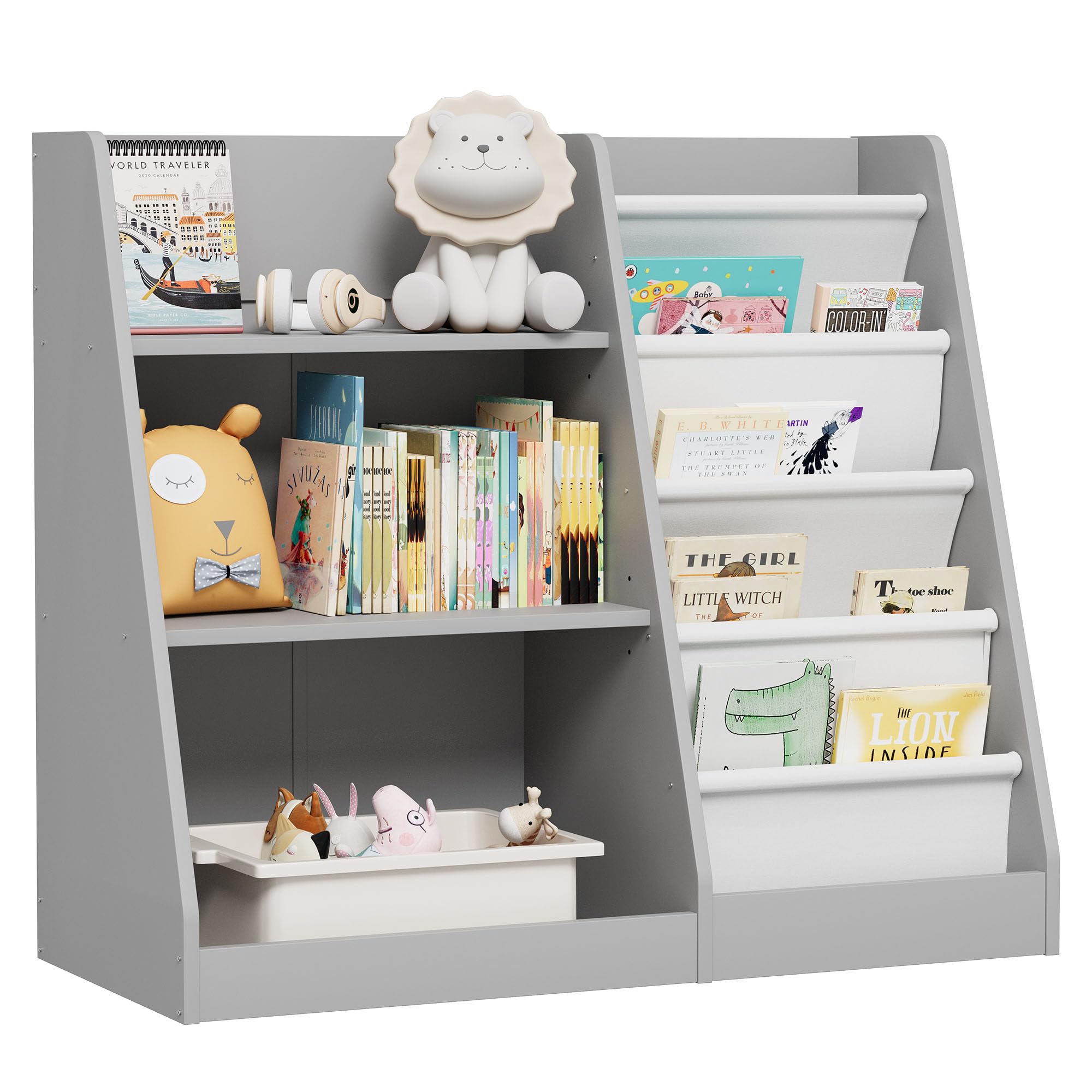 Hironpal 4-Tier Montessori Kid Bookshelf, Wooden Children Bookcase, Baby Storage Book Rack, Toddler Display Shelf Playroom, Toy Organizer Cabinet, Kids Room, Living Room, Classroom, Nursery, Bedroom