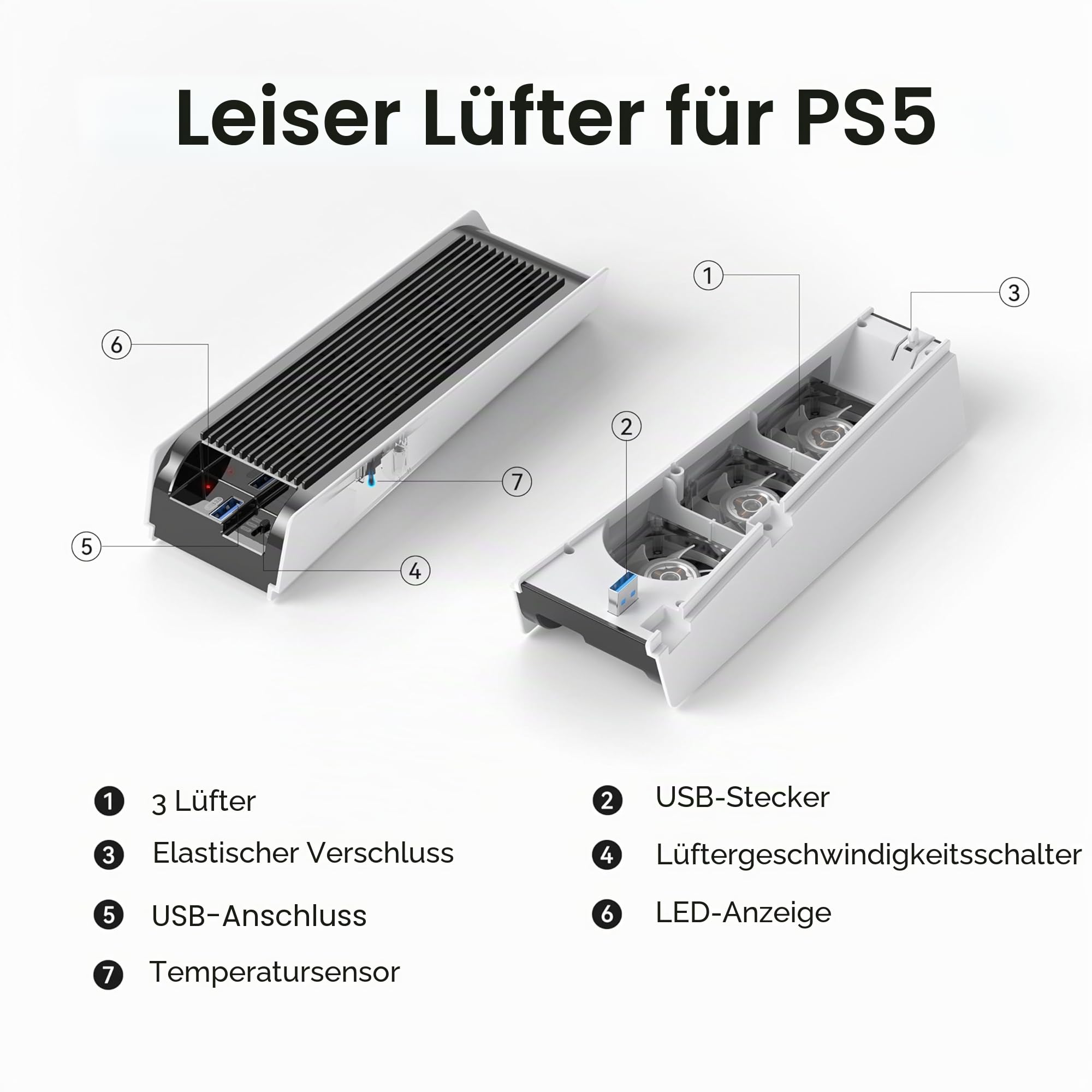 KIWIHOME Lüfter für PS5, leiser Kühler mit USB 3.0 und LED, nur für PS5 2020, Weiß