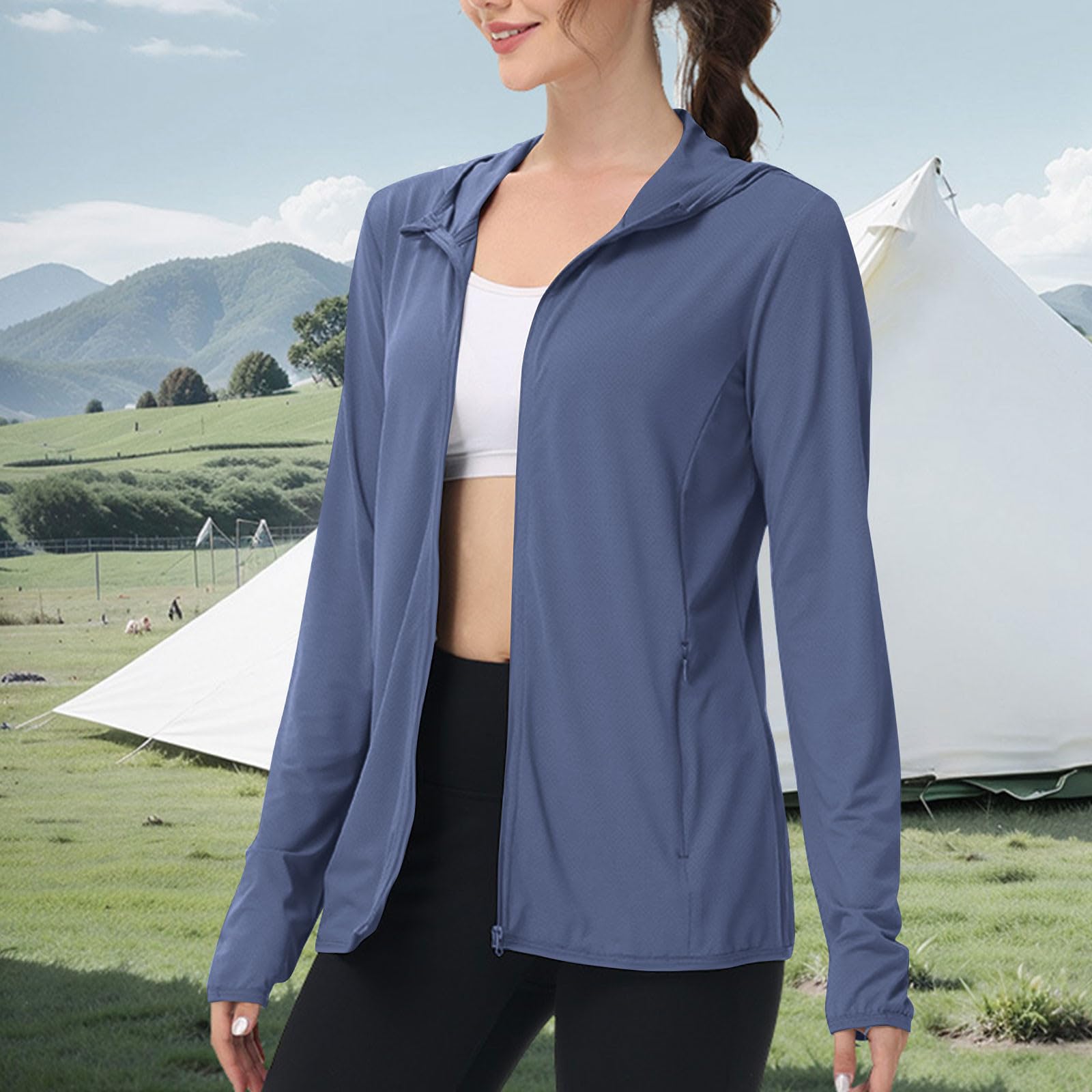 Mrat Giacca con protezione UV da donna estiva ad asciugatura rapida UPF 50+ protezione UV felpe con cappuccio da donna a maniche lunghe con zip camicie da corsa leggere atletiche slim top rashguard
