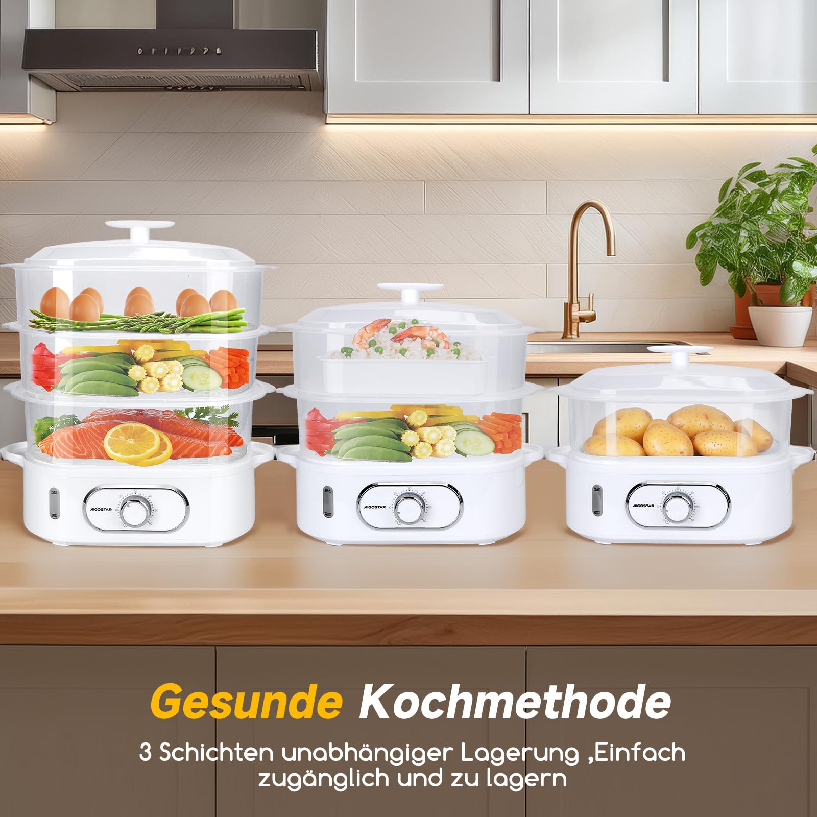 Aigostar Elektrischer Dampfgarer 12L mit Timer, Dampfgarer mit 3 stapelbaren Behältern, Reiskocher & Eierhalter, 60-Minuten-Timer, spülmaschinengeeignet 900 W weiß (Modell: Fitfoodiepro)