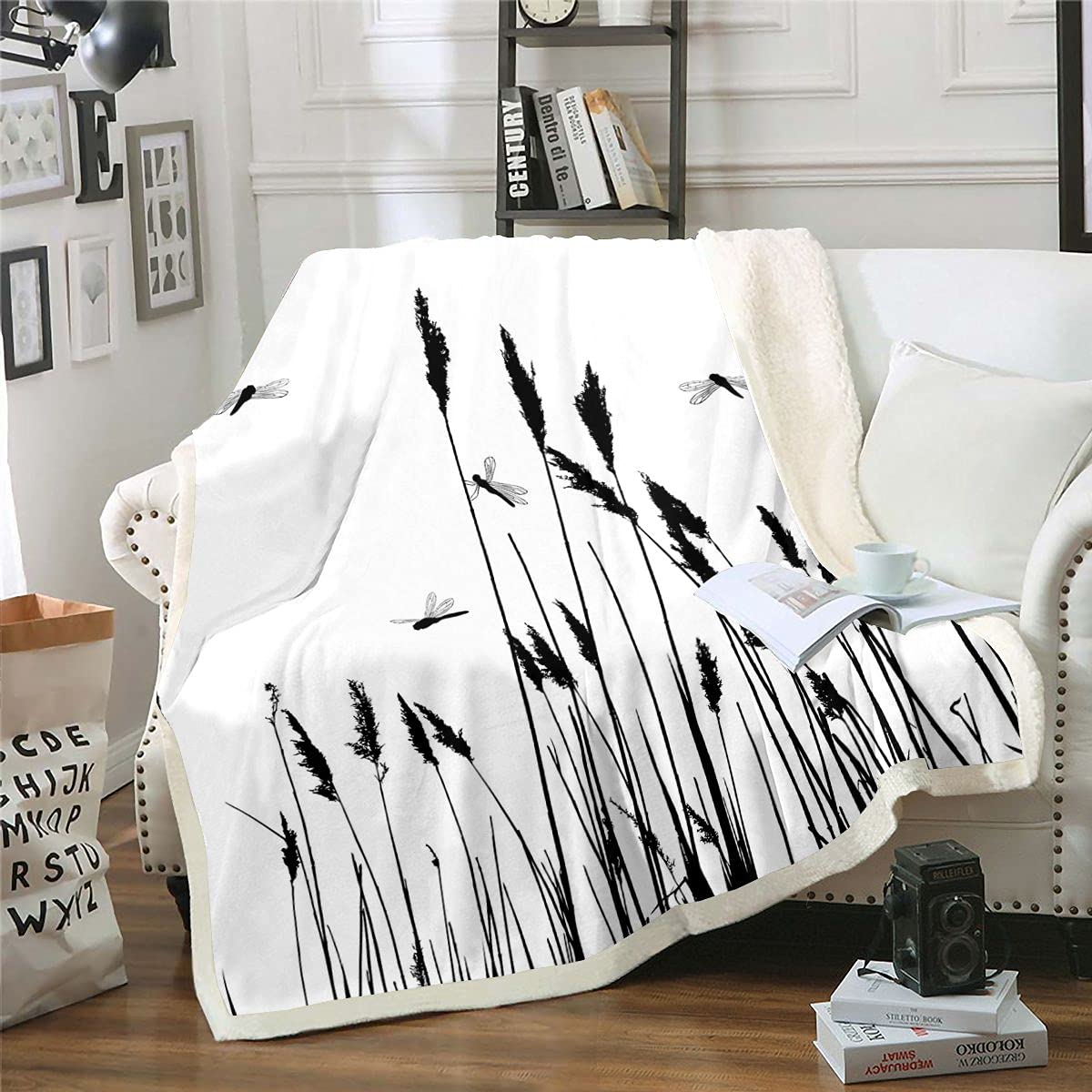 Dragonflies Sherpa Blanket Grass Silhouette Plush Blanket Kids White Black Fuzzy Blanket for Sofa Bed,Single 50x60 Inch