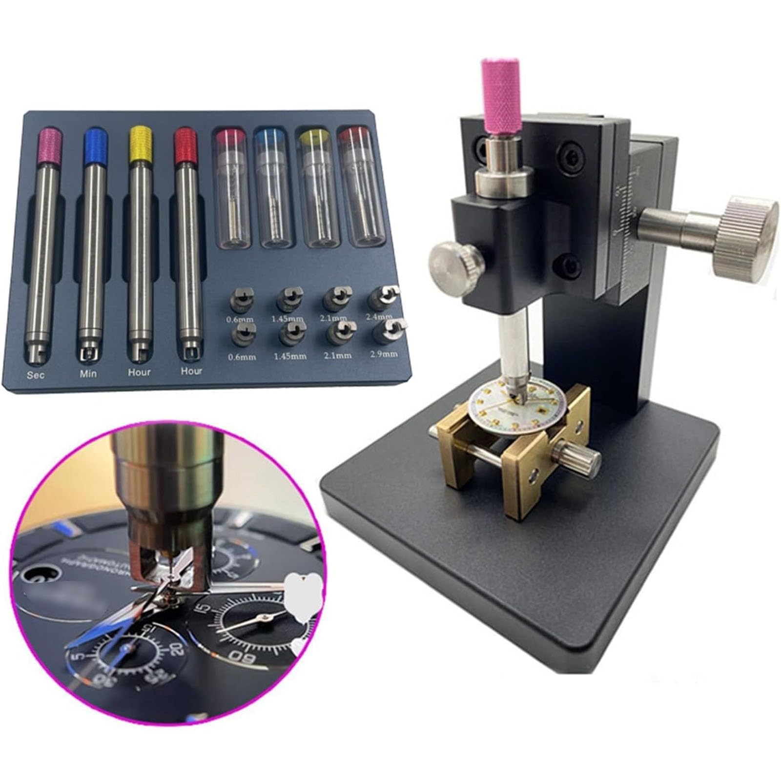 Kit de herramientas de reparación de relojes, prensa manual de acero inoxidable y removedor de segunda mano, esencial para bancos de relojeros y talleres de reparación, juego de herramientas duradero