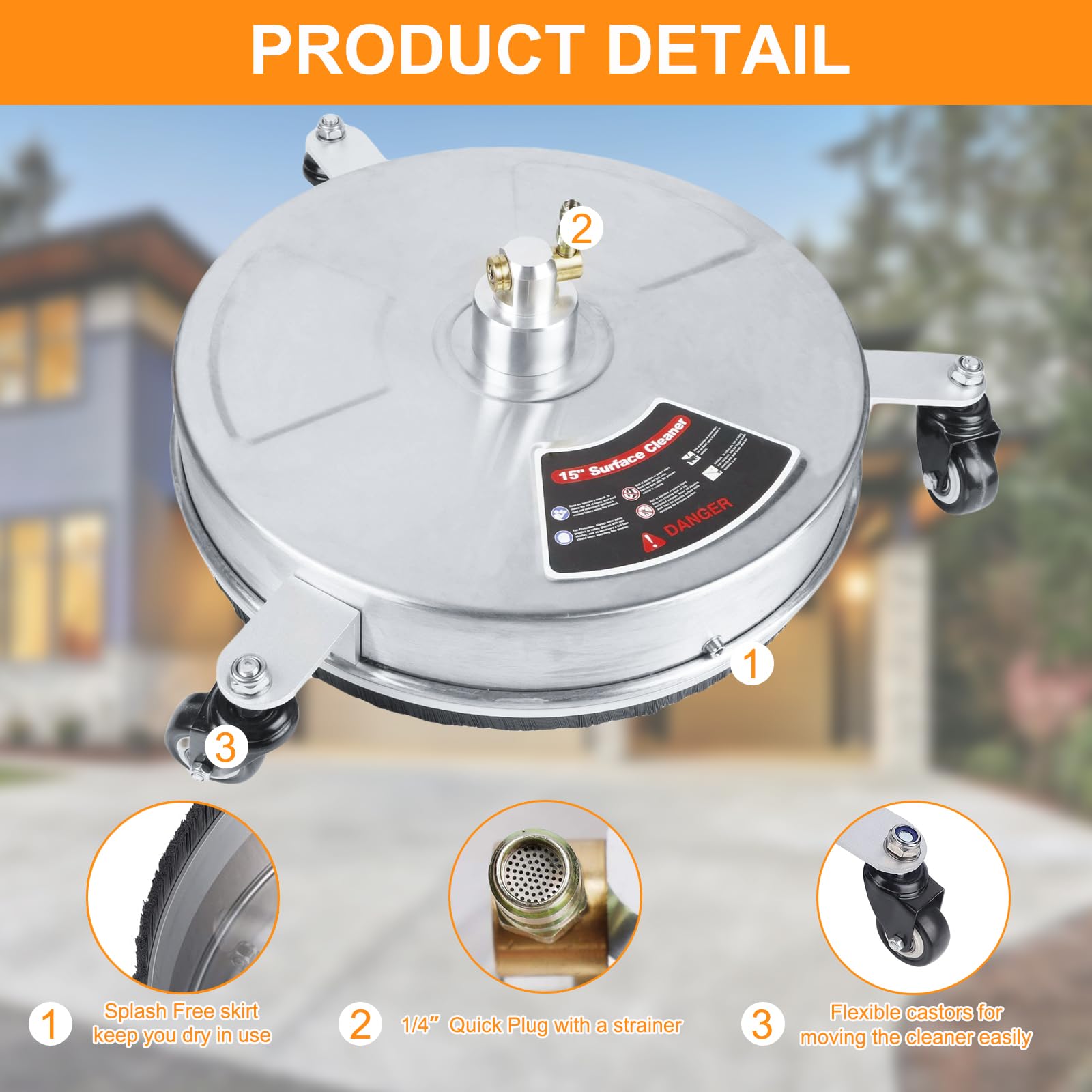 Limpiador de superficies de lavado a presión de 15 pulgadas con 4 ruedas, accesorio de lavadora eléctrica de acero inoxidable para calzadas, aceras, patios, conector rápido de 1/4 pulgadas, 2