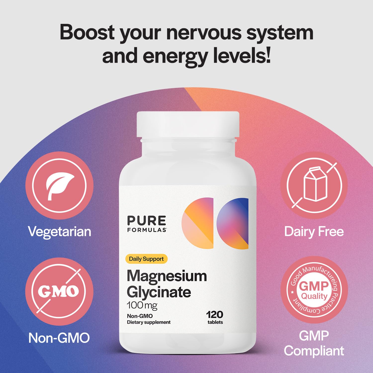 PureFormulas Magnesium Glycinate 100 mg Daily Support for Stress, Nerves, Sleep, Muscles, Metabolism Pure Magnesium Glycinate Supplement for Women and Men Magnesio Non-GMO 120 Tablets — Amazon image 3