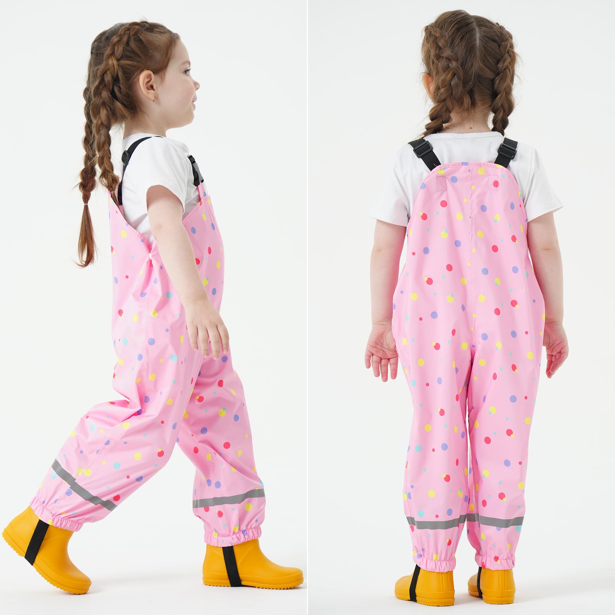 Fewlby Pantaloni Impermeabili Bambino Pantaloni da Pioggia, Salopette Impermeabile Bambina Tuta Pioggia con Strisce Riflettenti Ragazze Ragazzi per 2-6 anni
