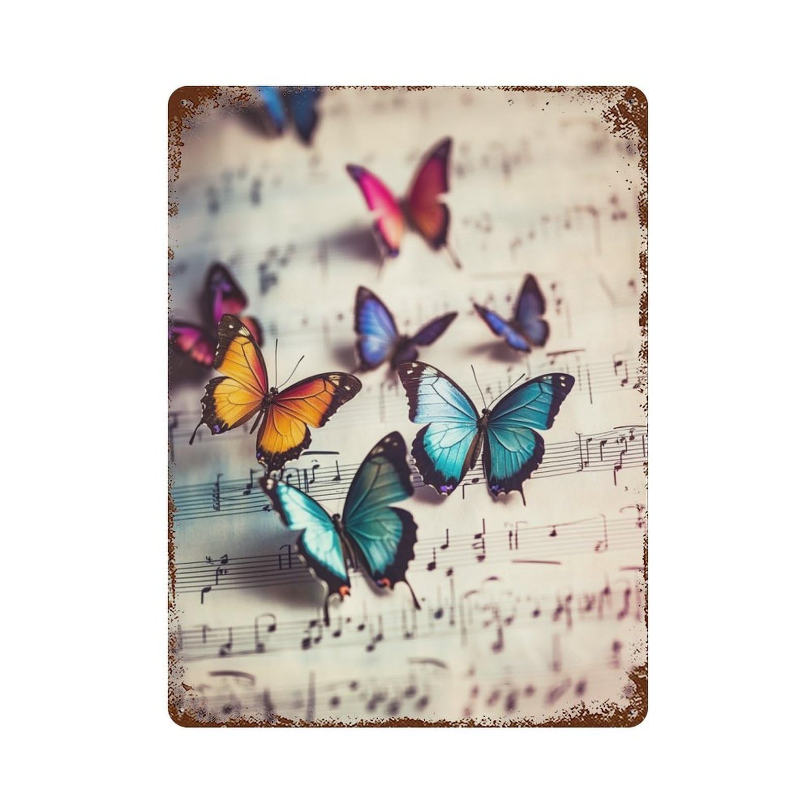Butterflies on Music Notes Vintage Rust Metal Sign 15.7"x11.8", Ideal for Cafe, Home Bar And Lounge Decor