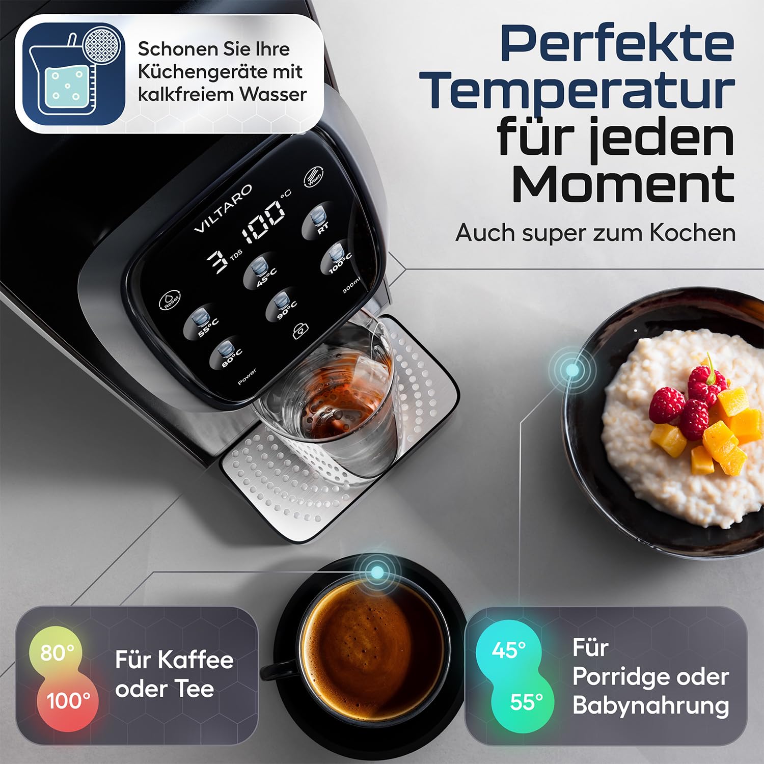 VILTARO® Osmoseanlage Trinkwasser [schwarz, 5-stufiges Filtersystem, 6 Temperaturstufen, mobil ohne Wasseranschluss] | Umkehrosmoseanlage | Osmose Wasserfilter | Kalkfilter | Trinkwasserfilter