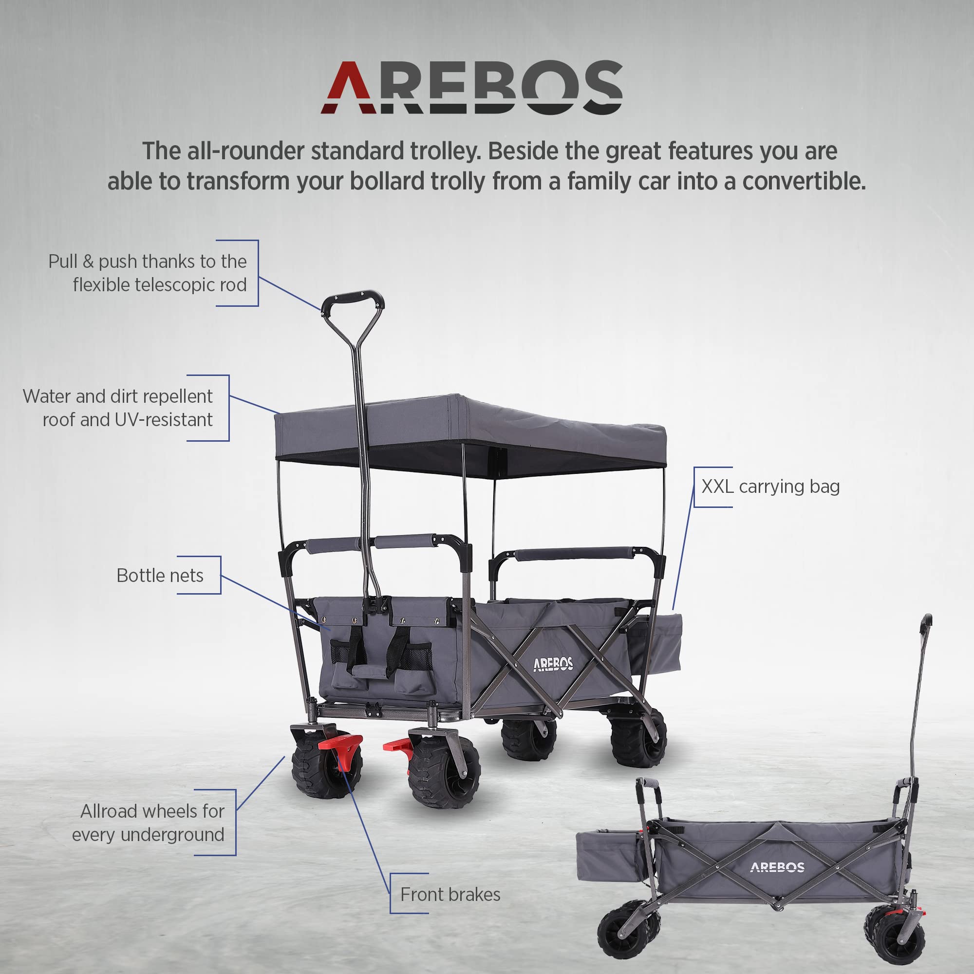 Arebos Carro de Mano con Techo | Carro Plegable | Carretilla Jardin | Carro Playa | 2X Bolsillos de Malla y 1x Bolsillo Exterior | Neumáticos de Goma Maciza | 100 kg | Gris