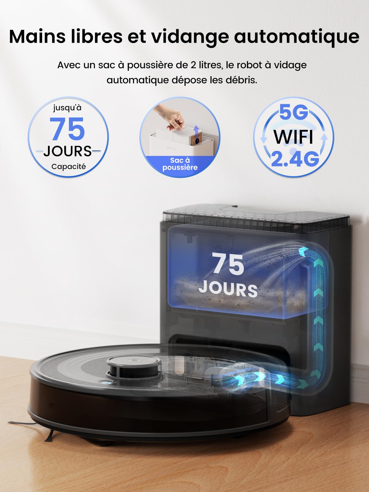 Lefant M2 Plus Robot Aspirateur Laveur avec Station Vidage Automatique, 6000Pa, Navigation Laser avec Cartographie, Évitement d'obstacles PSD, Idéal pour Poils d'animaux/Tapis, App/WiFi/Alexa, Noir