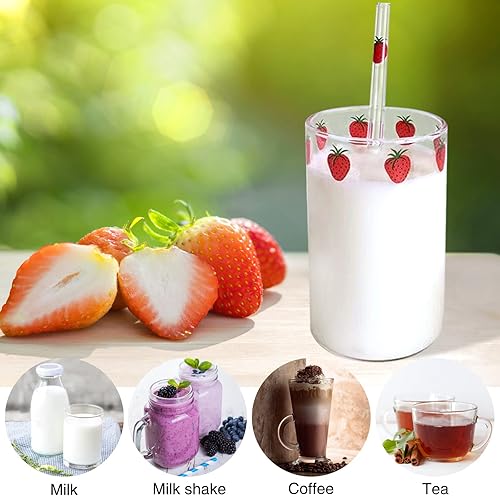 Miniatura 4 de SFGHOUSE Vaso de vidrio de fresa con pajilla vaso de vidrio transparente con vasos de pajilla botella para jugo agua leche café té 101fl oz un juego