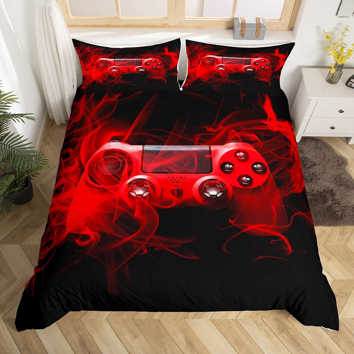 Kids Modern Gamer Bedding Set Single Size For Boys Girls Youth Game Controller Duvet Cover Teens Gamepad Comforter Cover Gaming Console Room Decor Cool Red Black Geometry With 1Pillow Case Zipper