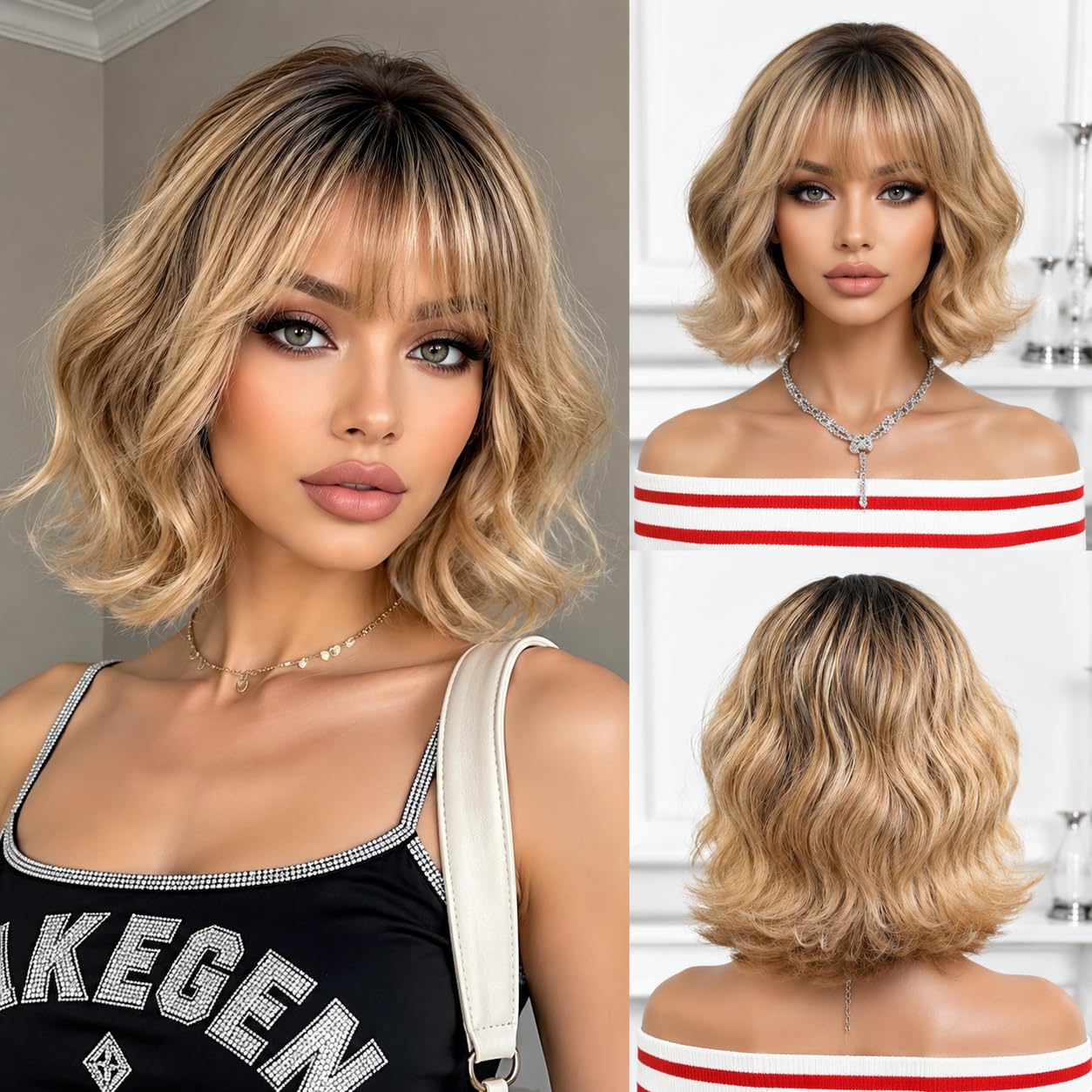 Photo 1 of PALPFO Short Wavy Blonde Wig with Bangs