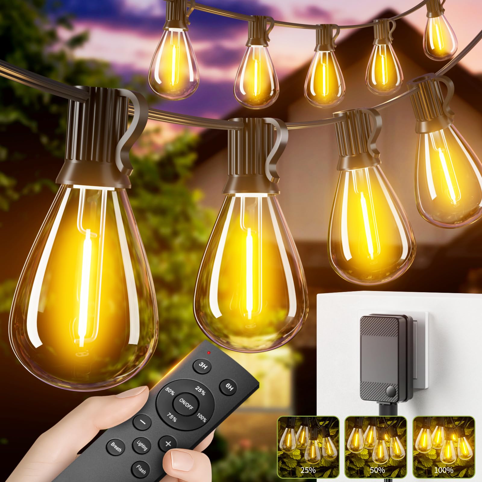 Sikitul 50FT Outdoor String Lights with Remote & Dimmable, 18+1 Shatterproof Waterproof Bulbs, Dimmable Outside Hanging Patio Lights for Backyard, Porch, Deck, Garden 2200K Warm Yellow — view 10