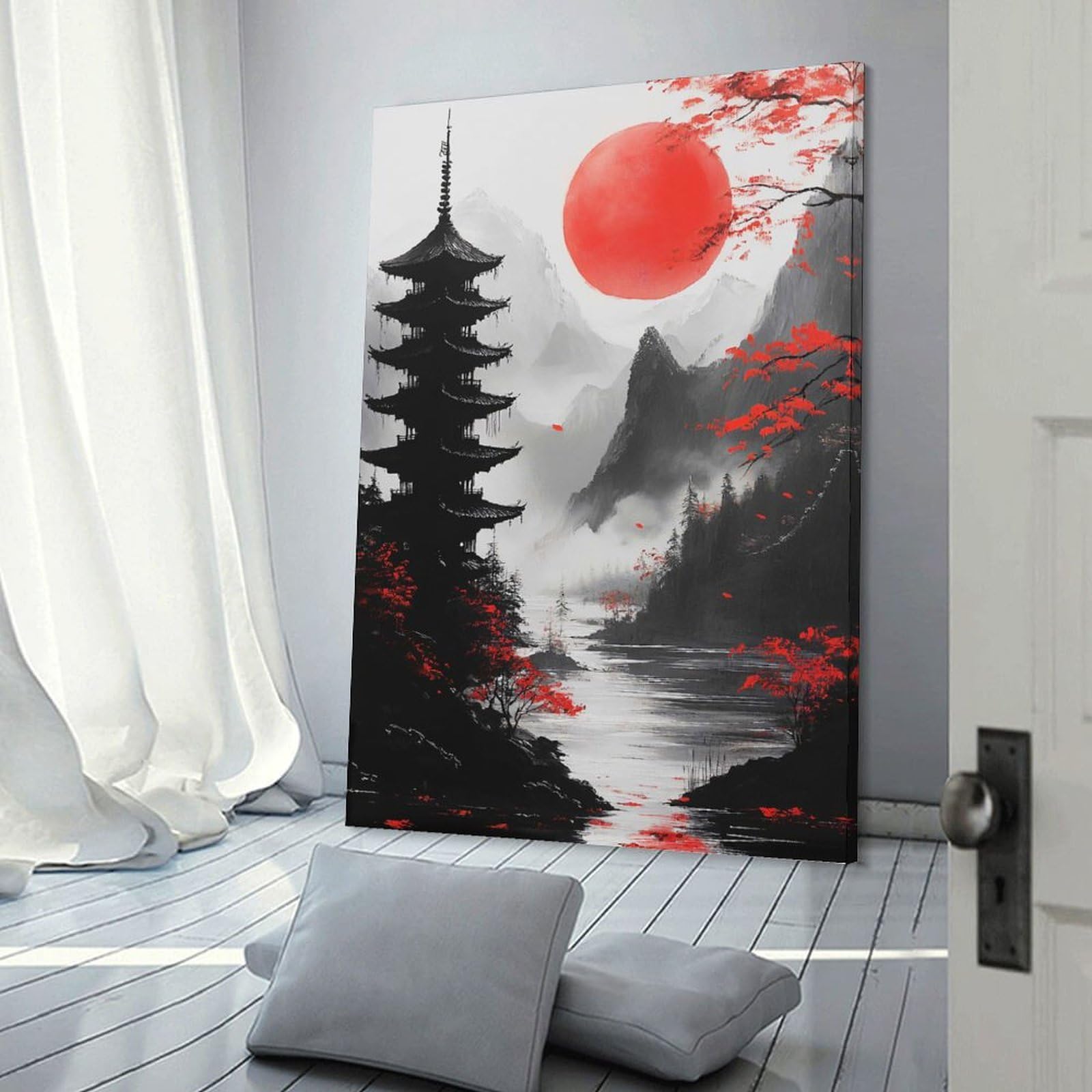 Junmoney Wall Picture Print Japanese Pagoda with Red Sun, 24x36inch(60x90cm), for Living Room, Lounge Or Sitting Room, Modern Wall Decor for Cosy Interiors
