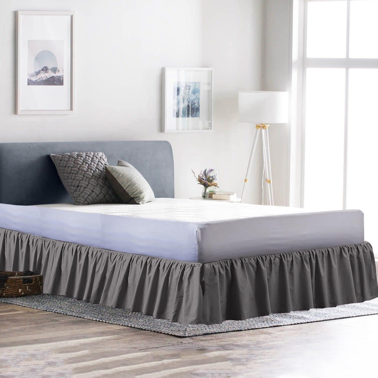 1000 Thread Count Ruffled Bed Skirt, with Three Side Coverage, Easy fit, 100% Egyptian Cotton 8" Drop Length Twin XL Size Solid Dark Grey